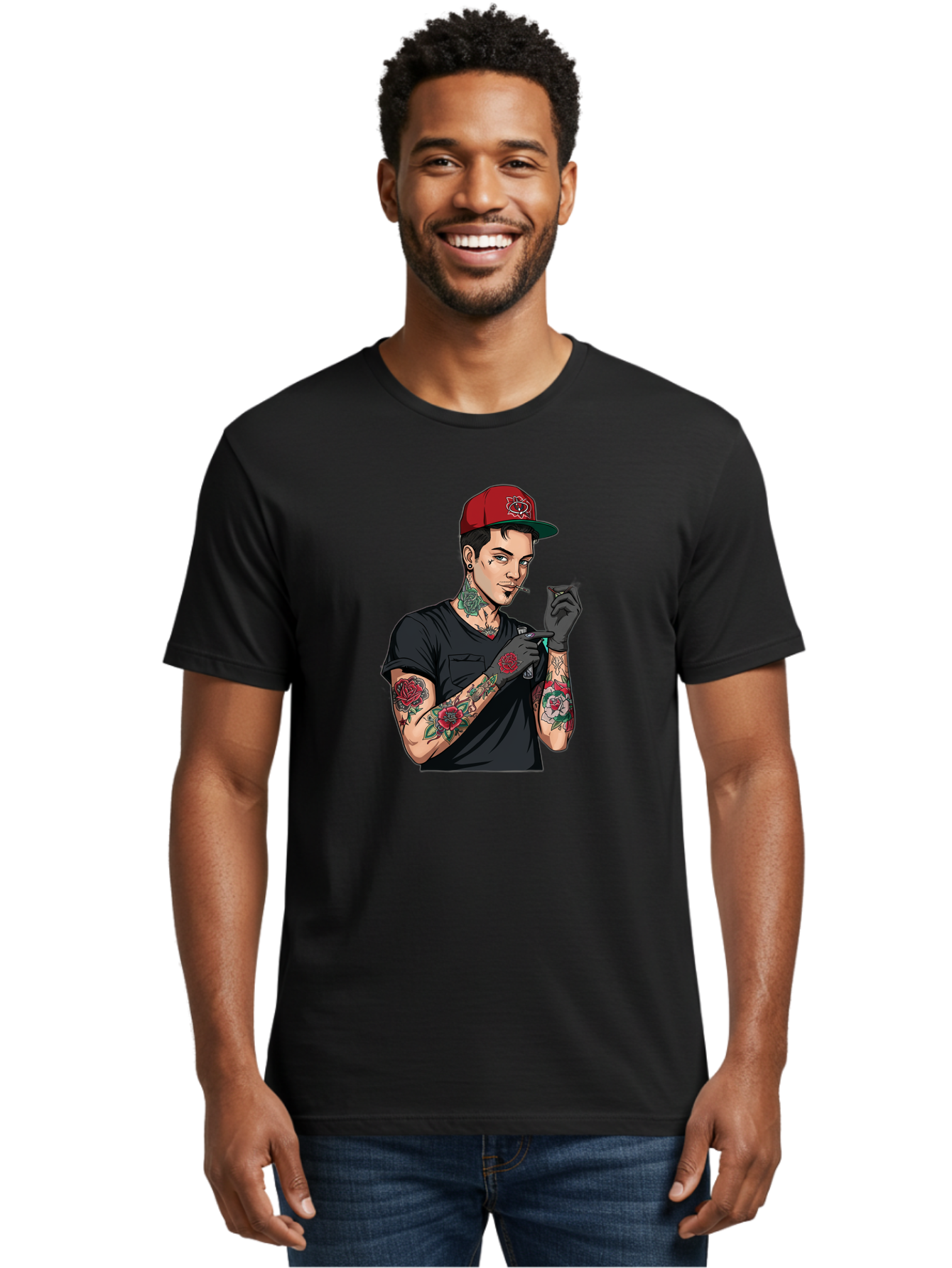 Tattooed-Man-1 Men'S Graphic Tee, 100% Cotton, Comfortable Casual Summer Wear, Machine Washable, Tattooed Man, Rose Tattoos, Red Baseball Cap, Black Gloves, Smoking Cigarette, Cartoon Style, Edgy Fashion, Bold Graphics, Streetwear, Modern Art Bad829