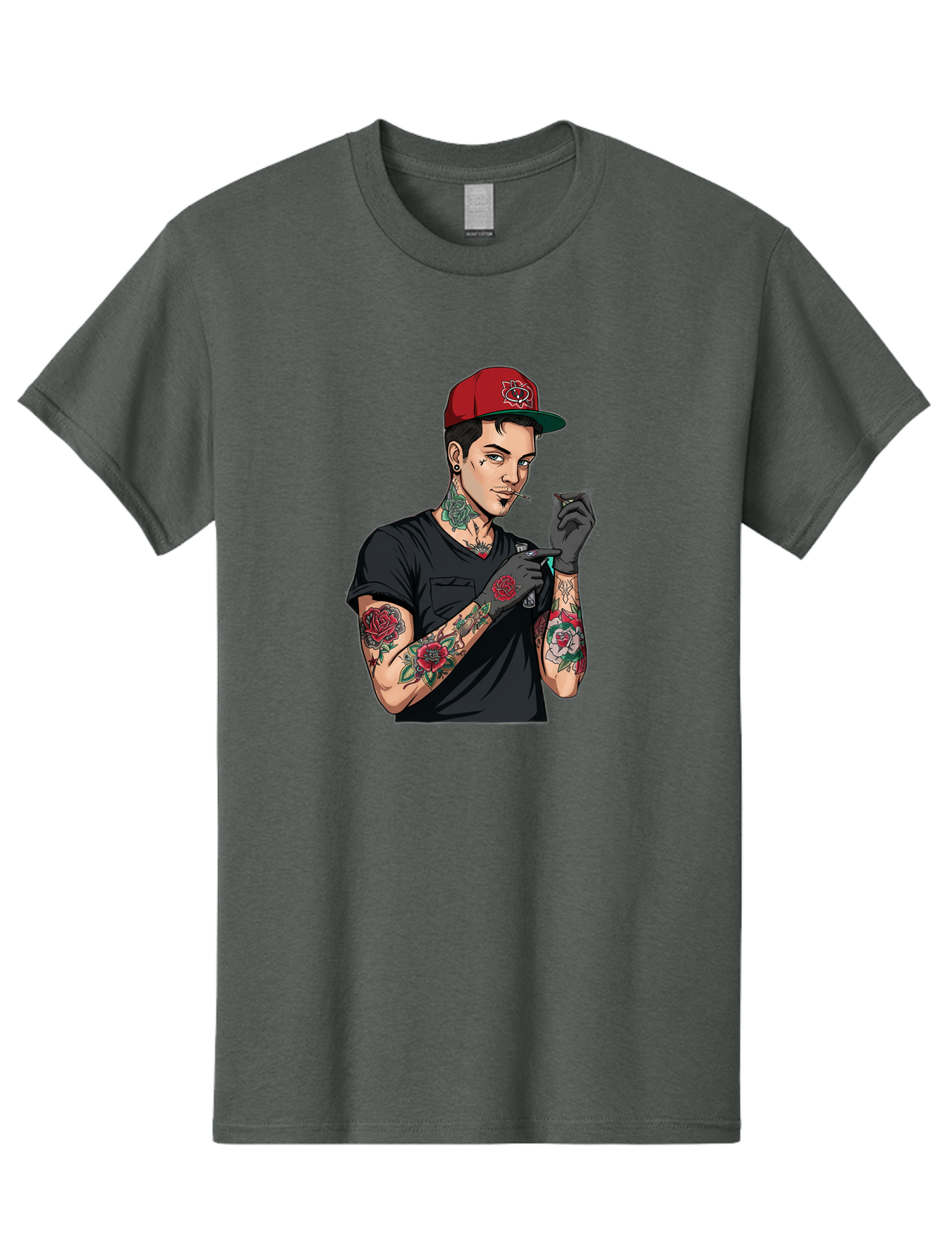 Tattooed-Man-1 Men'S Graphic Tee, 100% Cotton, Comfortable Casual Summer Wear, Machine Washable, Tattooed Man, Rose Tattoos, Red Baseball Cap, Black Gloves, Smoking Cigarette, Cartoon Style, Edgy Fashion, Bold Graphics, Streetwear, Modern Art Bad829