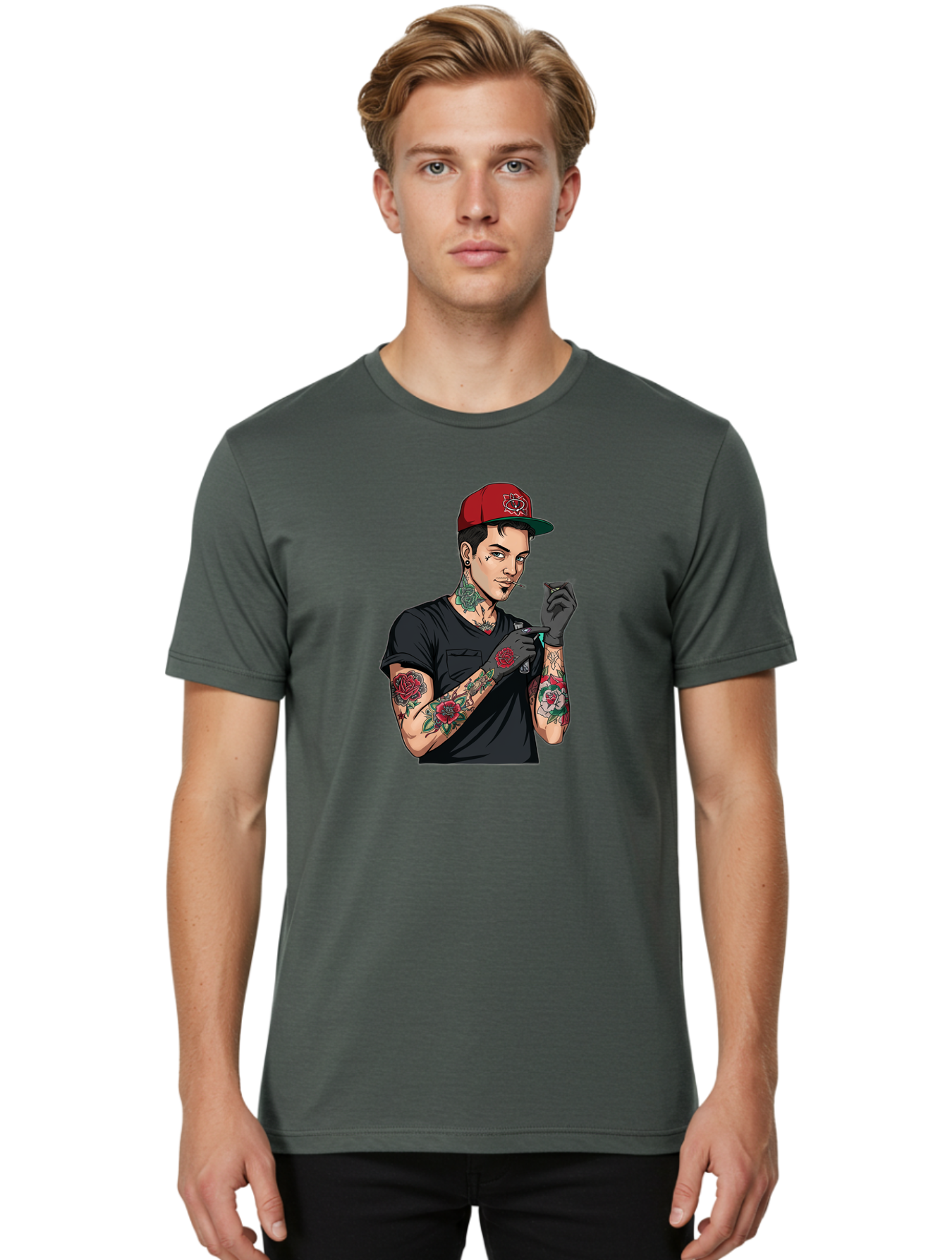 Tattooed-Man-1 Men'S Graphic Tee, 100% Cotton, Comfortable Casual Summer Wear, Machine Washable, Tattooed Man, Rose Tattoos, Red Baseball Cap, Black Gloves, Smoking Cigarette, Cartoon Style, Edgy Fashion, Bold Graphics, Streetwear, Modern Art Bad829