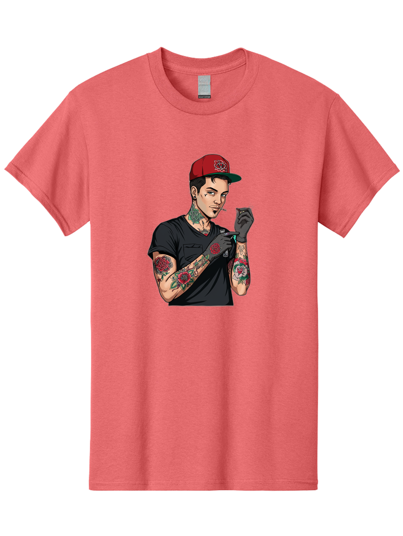 Tattooed-Man-1 Men'S Graphic Tee, 100% Cotton, Comfortable Casual Summer Wear, Machine Washable, Tattooed Man, Rose Tattoos, Red Baseball Cap, Black Gloves, Smoking Cigarette, Cartoon Style, Edgy Fashion, Bold Graphics, Streetwear, Modern Art Bad829