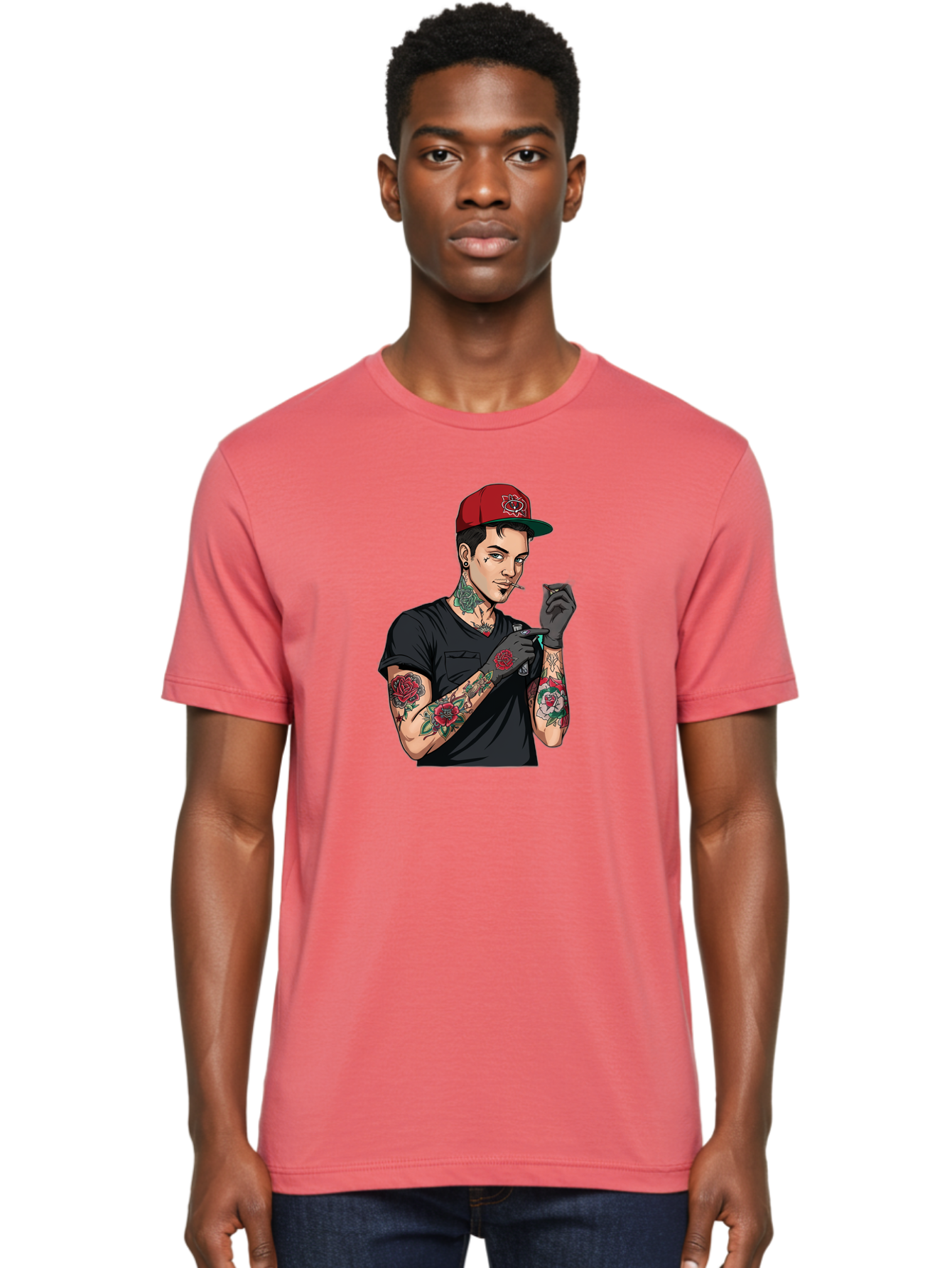 Tattooed-Man-1 Men'S Graphic Tee, 100% Cotton, Comfortable Casual Summer Wear, Machine Washable, Tattooed Man, Rose Tattoos, Red Baseball Cap, Black Gloves, Smoking Cigarette, Cartoon Style, Edgy Fashion, Bold Graphics, Streetwear, Modern Art Bad829