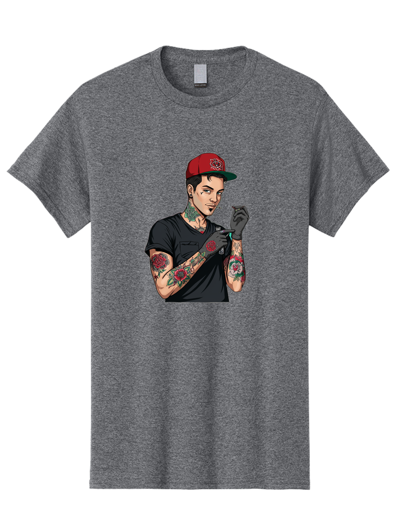 Tattooed-Man-1 Men'S Graphic Tee, 100% Cotton, Comfortable Casual Summer Wear, Machine Washable, Tattooed Man, Rose Tattoos, Red Baseball Cap, Black Gloves, Smoking Cigarette, Cartoon Style, Edgy Fashion, Bold Graphics, Streetwear, Modern Art Bad829
