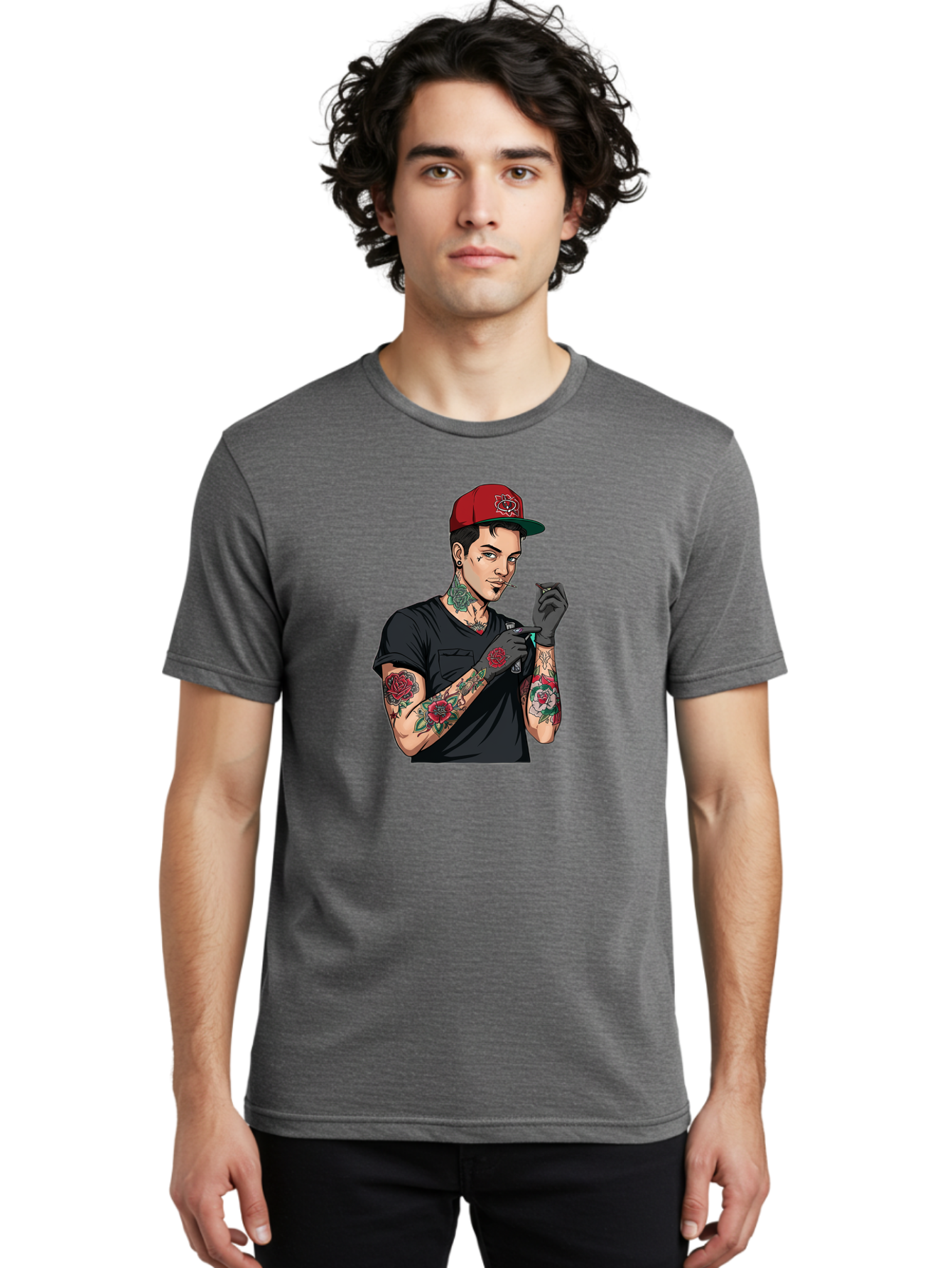 Tattooed-Man-1 Men'S Graphic Tee, 100% Cotton, Comfortable Casual Summer Wear, Machine Washable, Tattooed Man, Rose Tattoos, Red Baseball Cap, Black Gloves, Smoking Cigarette, Cartoon Style, Edgy Fashion, Bold Graphics, Streetwear, Modern Art Bad829