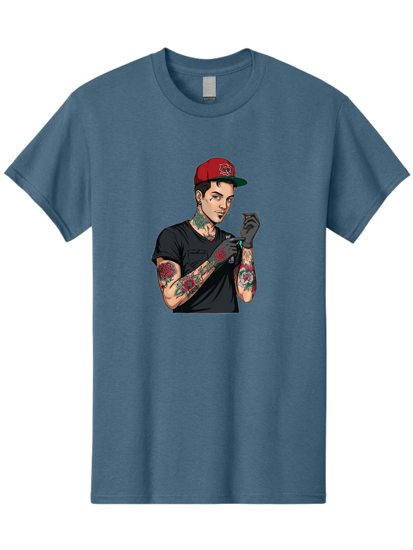 Tattooed-Man-1 Men'S Graphic Tee, 100% Cotton, Comfortable Casual Summer Wear, Machine Washable, Tattooed Man, Rose Tattoos, Red Baseball Cap, Black Gloves, Smoking Cigarette, Cartoon Style, Edgy Fashion, Bold Graphics, Streetwear, Modern Art Bad829