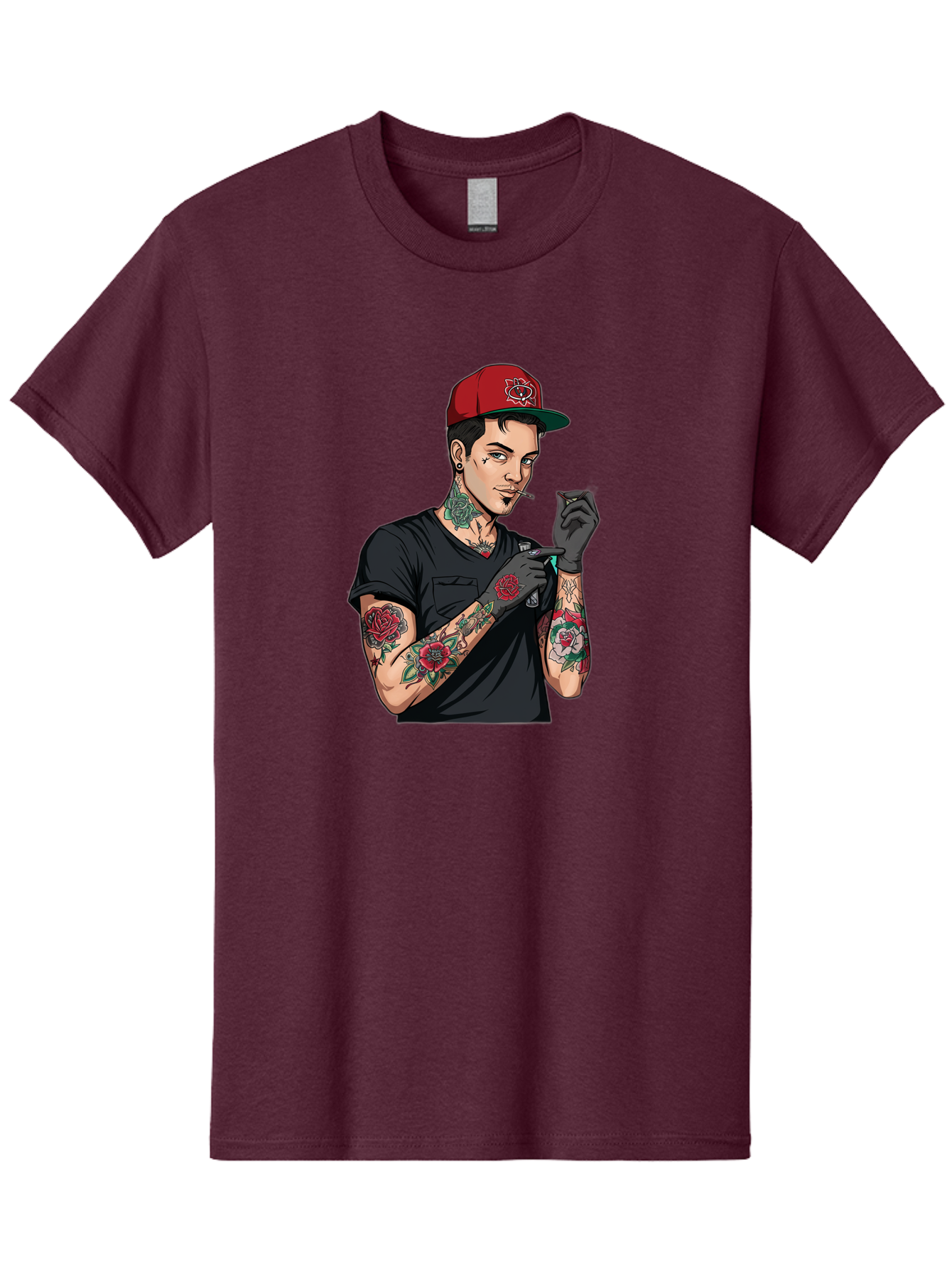 Tattooed-Man-1 Men'S Graphic Tee, 100% Cotton, Comfortable Casual Summer Wear, Machine Washable, Tattooed Man, Rose Tattoos, Red Baseball Cap, Black Gloves, Smoking Cigarette, Cartoon Style, Edgy Fashion, Bold Graphics, Streetwear, Modern Art Bad829