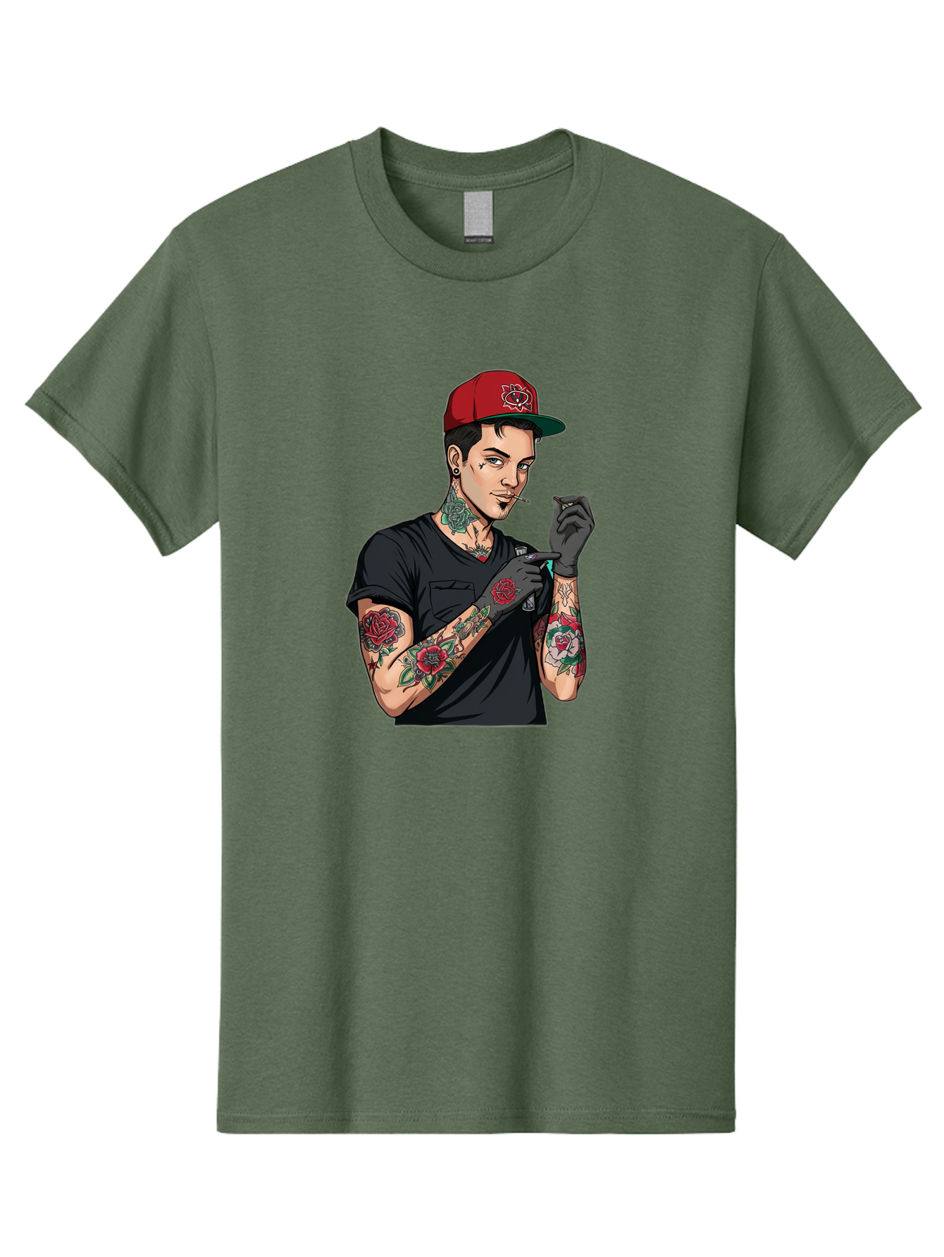 Tattooed-Man-1 Men'S Graphic Tee, 100% Cotton, Comfortable Casual Summer Wear, Machine Washable, Tattooed Man, Rose Tattoos, Red Baseball Cap, Black Gloves, Smoking Cigarette, Cartoon Style, Edgy Fashion, Bold Graphics, Streetwear, Modern Art Bad829