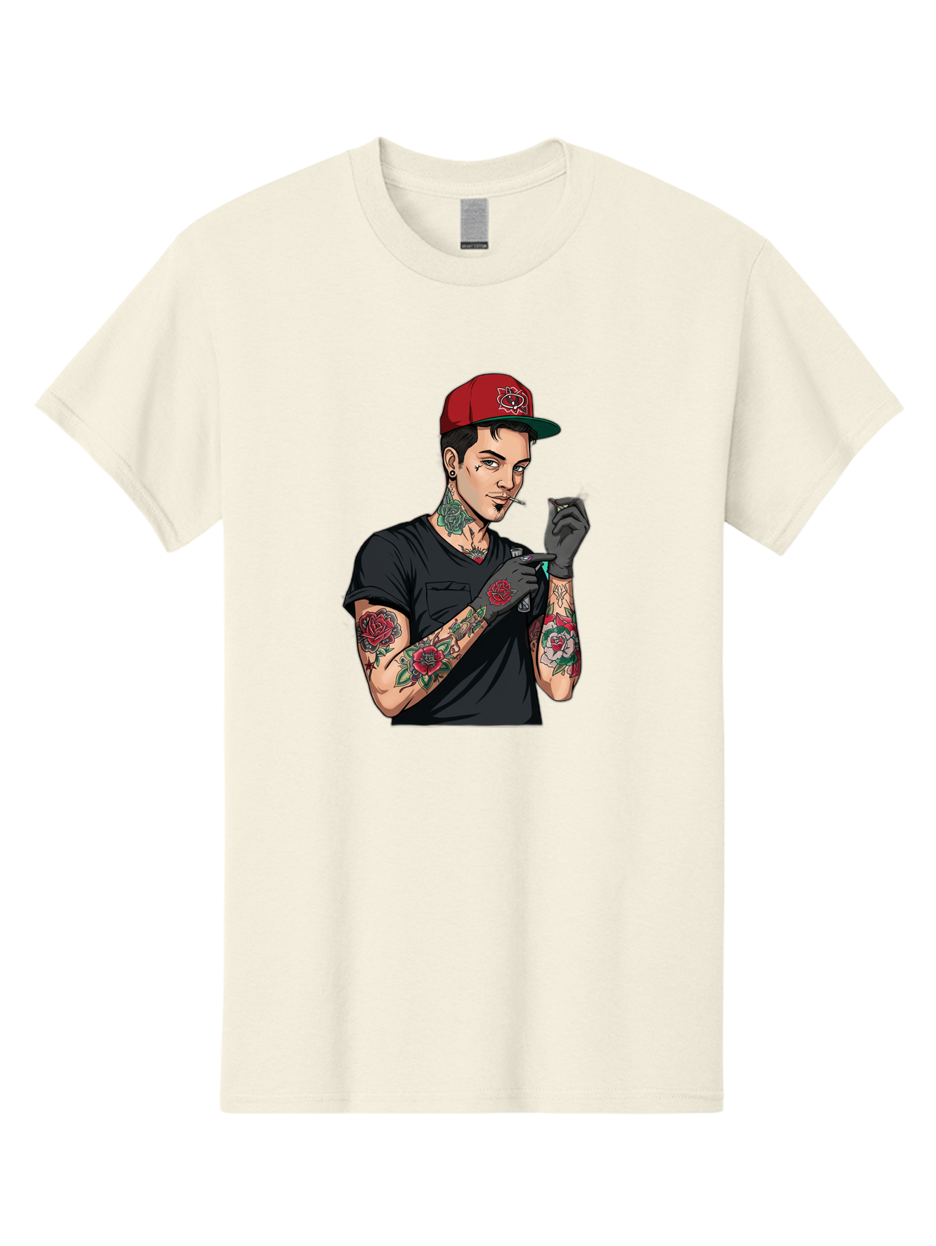 Tattooed-Man-1 Men'S Graphic Tee, 100% Cotton, Comfortable Casual Summer Wear, Machine Washable, Tattooed Man, Rose Tattoos, Red Baseball Cap, Black Gloves, Smoking Cigarette, Cartoon Style, Edgy Fashion, Bold Graphics, Streetwear, Modern Art Bad829