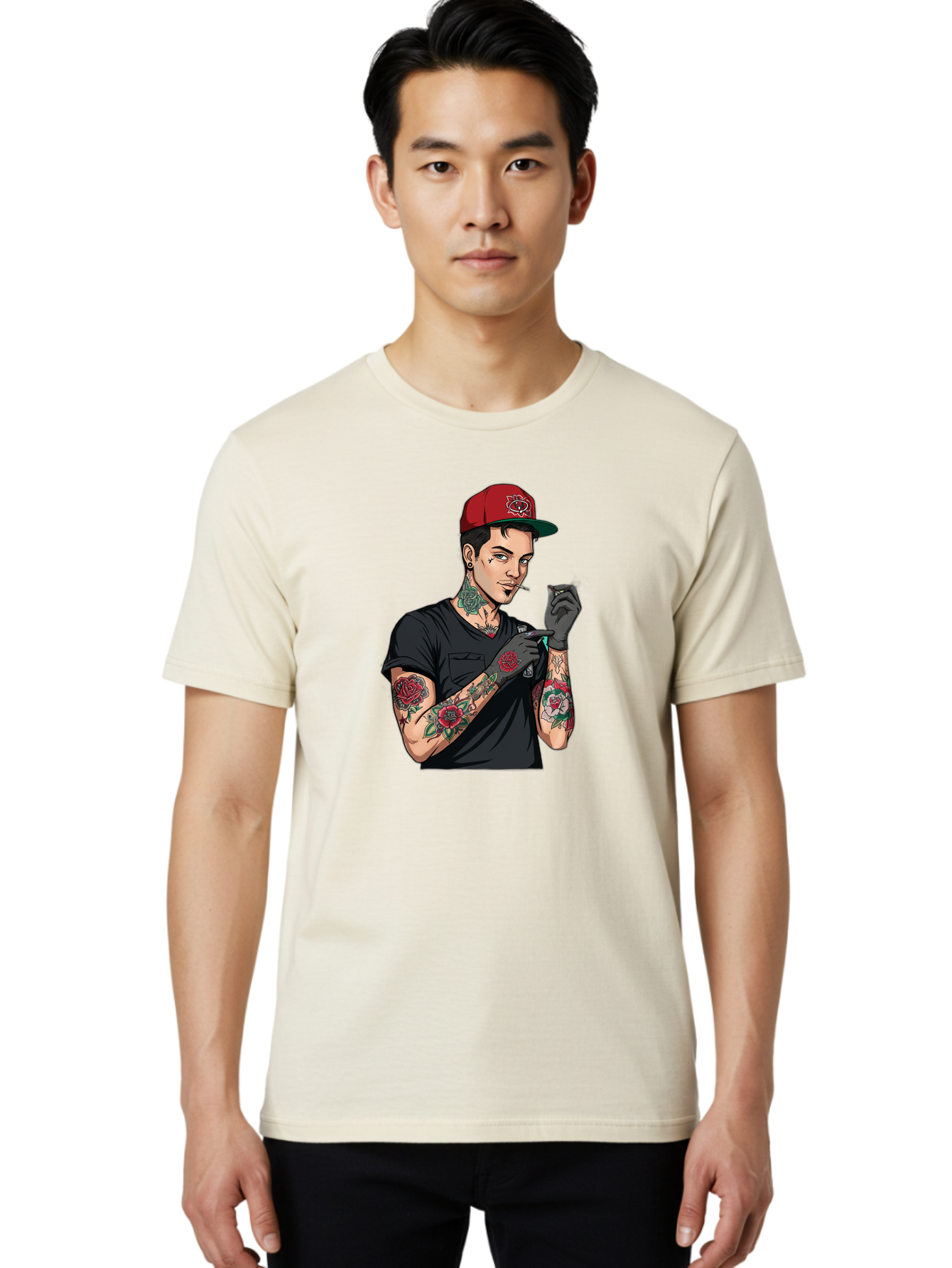 Tattooed-Man-1 Men'S Graphic Tee, 100% Cotton, Comfortable Casual Summer Wear, Machine Washable, Tattooed Man, Rose Tattoos, Red Baseball Cap, Black Gloves, Smoking Cigarette, Cartoon Style, Edgy Fashion, Bold Graphics, Streetwear, Modern Art Bad829