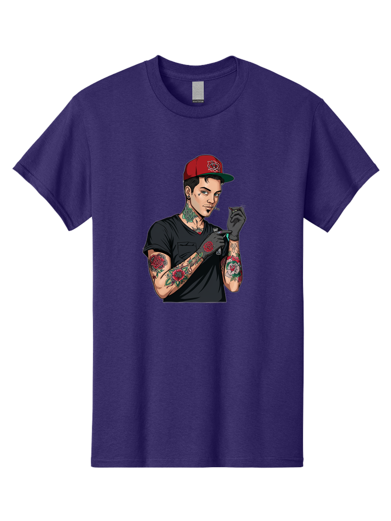 Tattooed-Man-1 Men'S Graphic Tee, 100% Cotton, Comfortable Casual Summer Wear, Machine Washable, Tattooed Man, Rose Tattoos, Red Baseball Cap, Black Gloves, Smoking Cigarette, Cartoon Style, Edgy Fashion, Bold Graphics, Streetwear, Modern Art Bad829