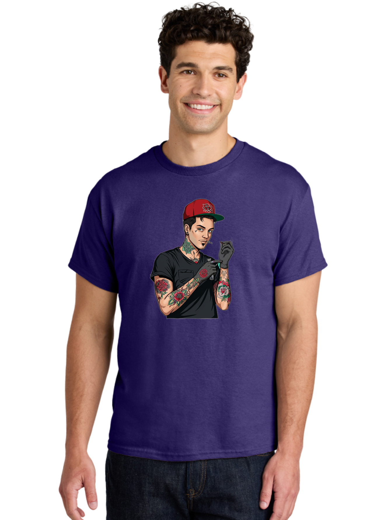 Tattooed-Man-1 Men'S Graphic Tee, 100% Cotton, Comfortable Casual Summer Wear, Machine Washable, Tattooed Man, Rose Tattoos, Red Baseball Cap, Black Gloves, Smoking Cigarette, Cartoon Style, Edgy Fashion, Bold Graphics, Streetwear, Modern Art Bad829