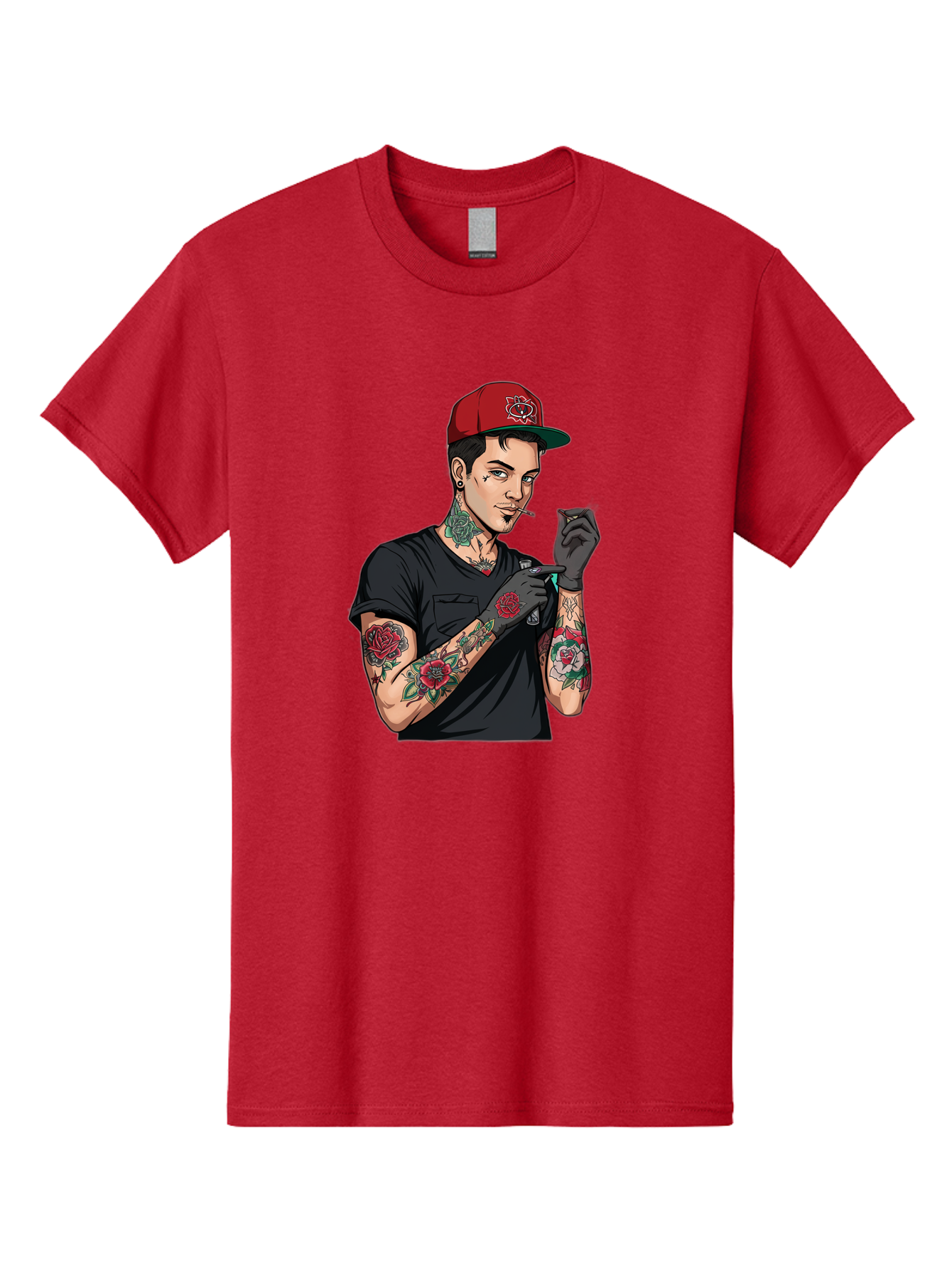 Tattooed-Man-1 Men'S Graphic Tee, 100% Cotton, Comfortable Casual Summer Wear, Machine Washable, Tattooed Man, Rose Tattoos, Red Baseball Cap, Black Gloves, Smoking Cigarette, Cartoon Style, Edgy Fashion, Bold Graphics, Streetwear, Modern Art Bad829