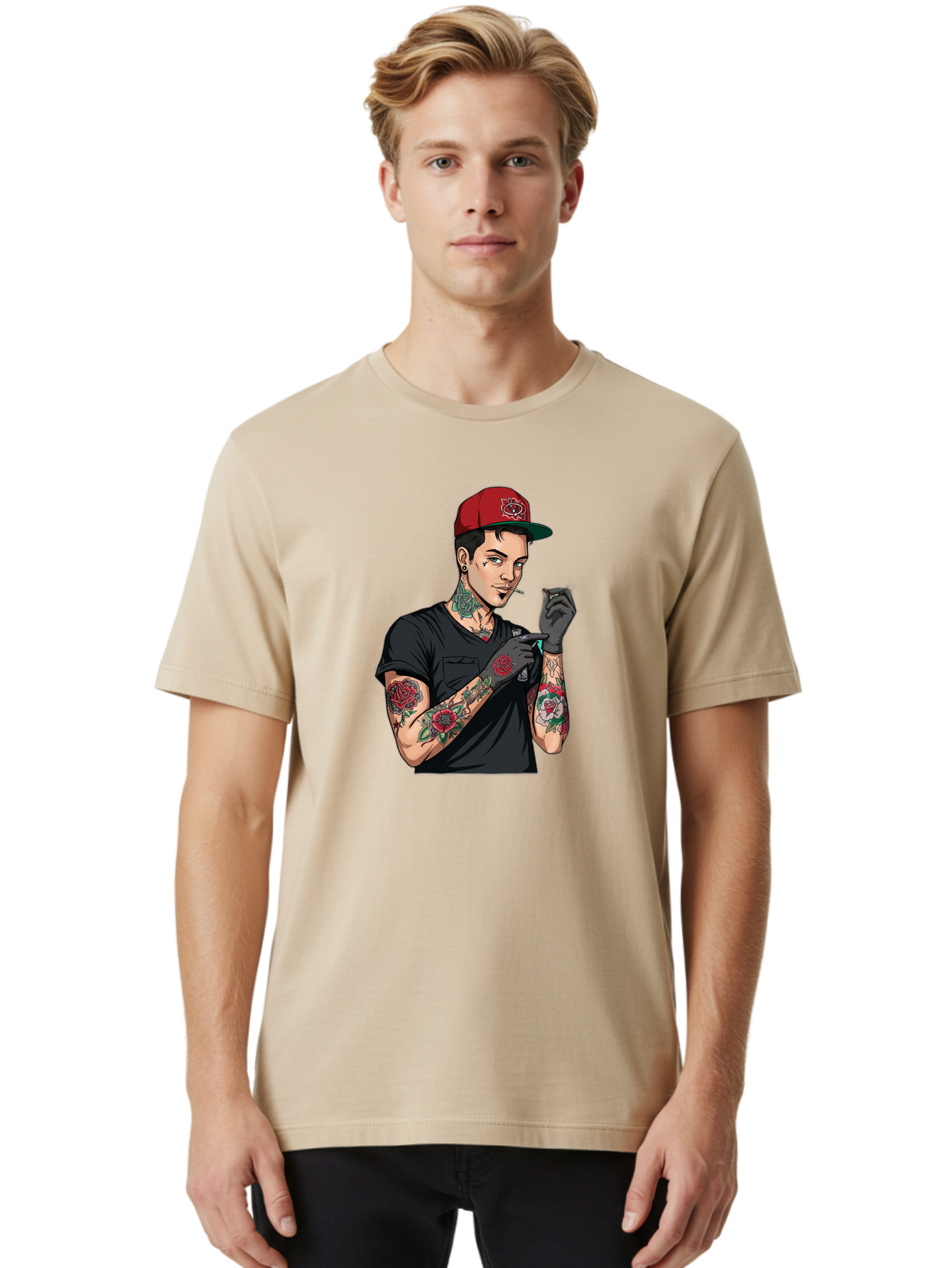 Tattooed-Man-1 Men'S Graphic Tee, 100% Cotton, Comfortable Casual Summer Wear, Machine Washable, Tattooed Man, Rose Tattoos, Red Baseball Cap, Black Gloves, Smoking Cigarette, Cartoon Style, Edgy Fashion, Bold Graphics, Streetwear, Modern Art Bad829