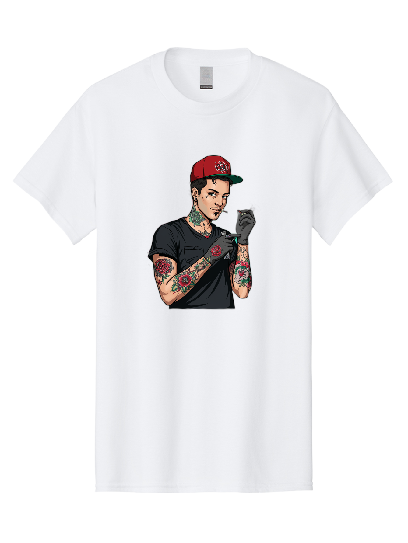 Tattooed-Man-1 Men'S Graphic Tee, 100% Cotton, Comfortable Casual Summer Wear, Machine Washable, Tattooed Man, Rose Tattoos, Red Baseball Cap, Black Gloves, Smoking Cigarette, Cartoon Style, Edgy Fashion, Bold Graphics, Streetwear, Modern Art Bad829