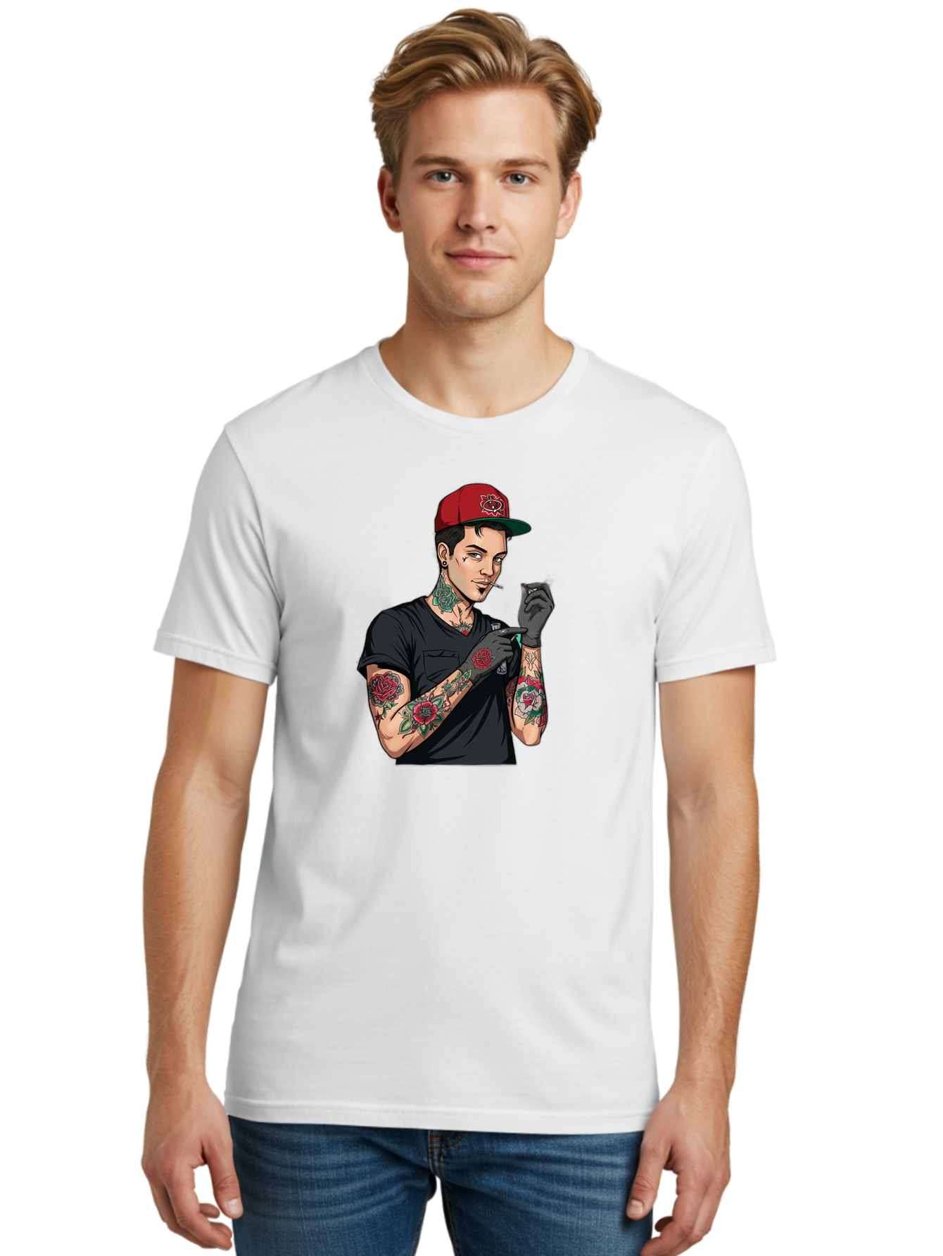 Tattooed-Man-1 Men'S Graphic Tee, 100% Cotton, Comfortable Casual Summer Wear, Machine Washable, Tattooed Man, Rose Tattoos, Red Baseball Cap, Black Gloves, Smoking Cigarette, Cartoon Style, Edgy Fashion, Bold Graphics, Streetwear, Modern Art Bad829