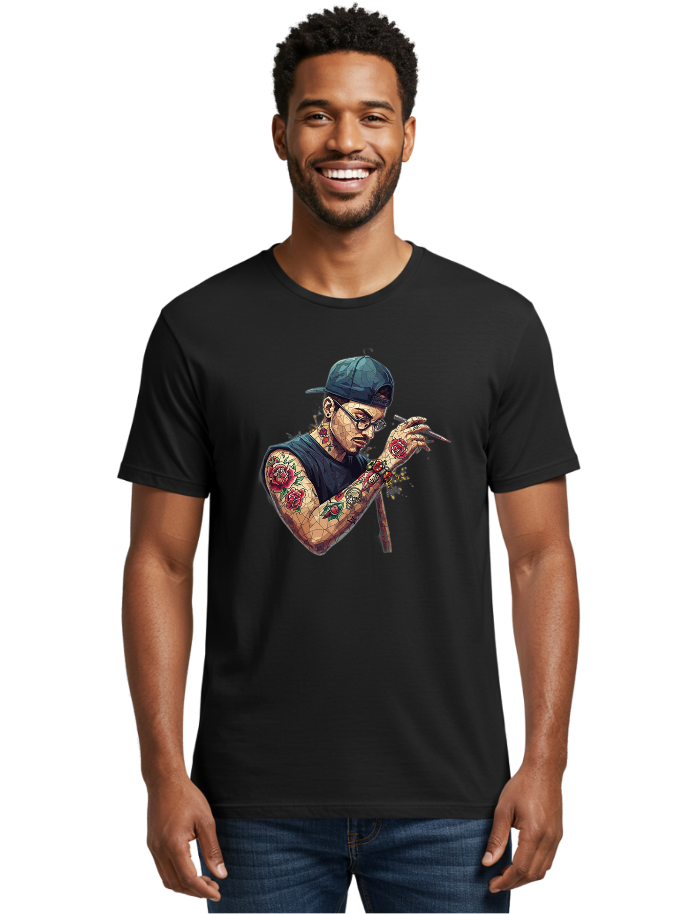 Tattooed-Man-2 Men'S Graphic Tee, 100% Cotton, Comfortable Casual Summer Wear, Machine Washable, Tattooed Man, Smoking Cigarette, Rose Tattoos, Geometric Art, Edgy Style, Urban Culture, Streetwear Inspiration, Cool Guy Bad830