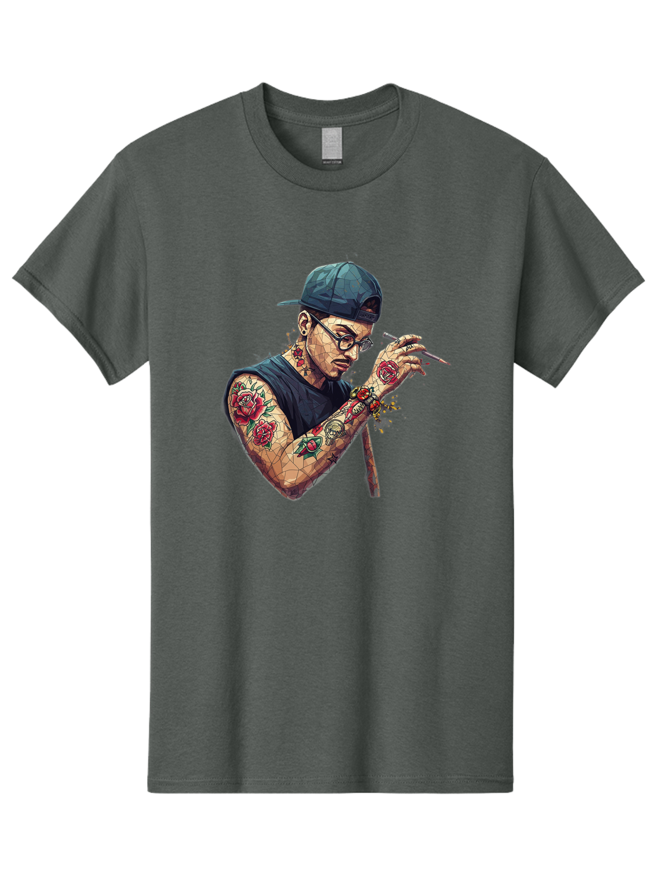 Tattooed-Man-2 Men'S Graphic Tee, 100% Cotton, Comfortable Casual Summer Wear, Machine Washable, Tattooed Man, Smoking Cigarette, Rose Tattoos, Geometric Art, Edgy Style, Urban Culture, Streetwear Inspiration, Cool Guy Bad830