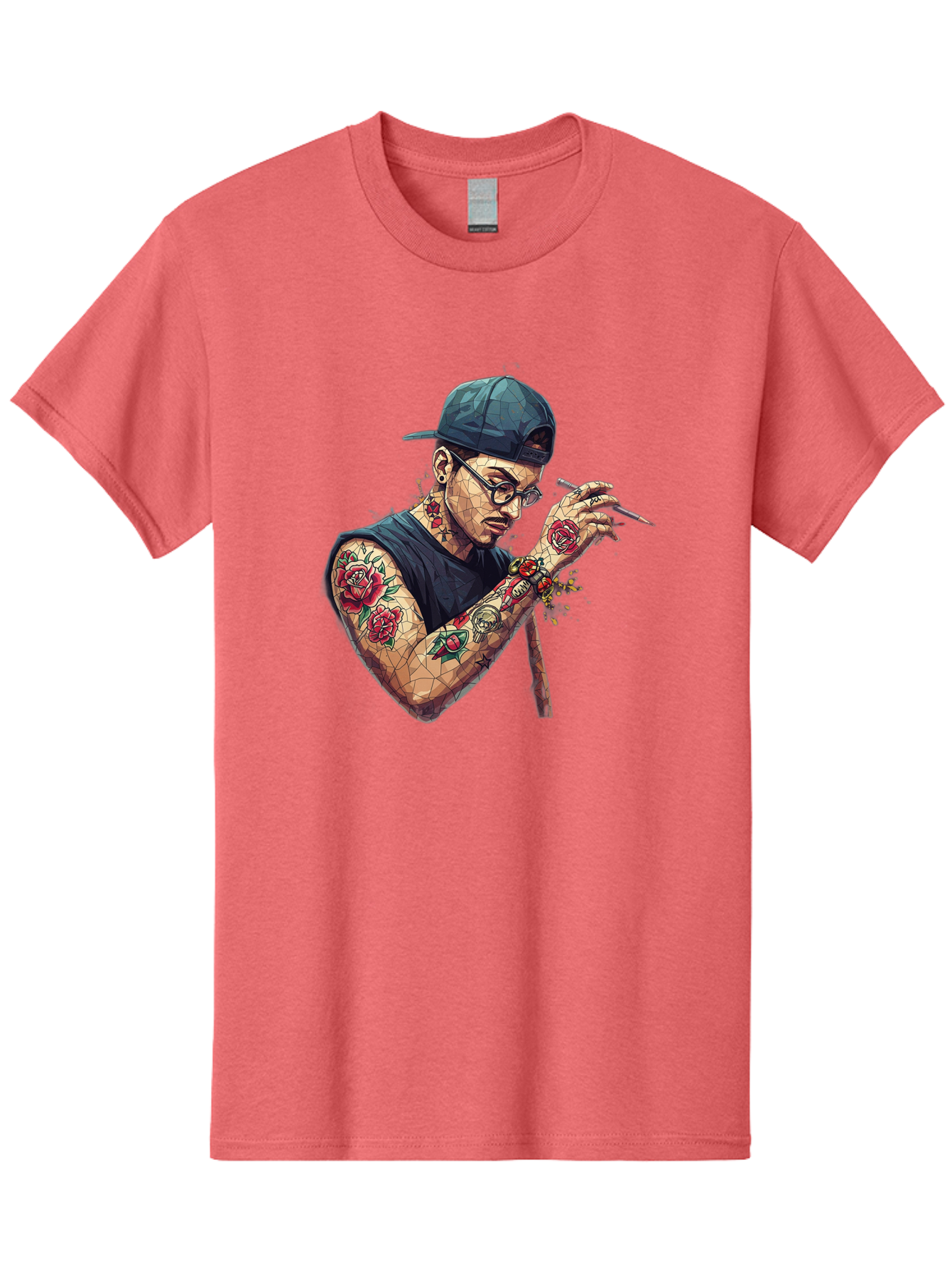 Tattooed-Man-2 Men'S Graphic Tee, 100% Cotton, Comfortable Casual Summer Wear, Machine Washable, Tattooed Man, Smoking Cigarette, Rose Tattoos, Geometric Art, Edgy Style, Urban Culture, Streetwear Inspiration, Cool Guy Bad830