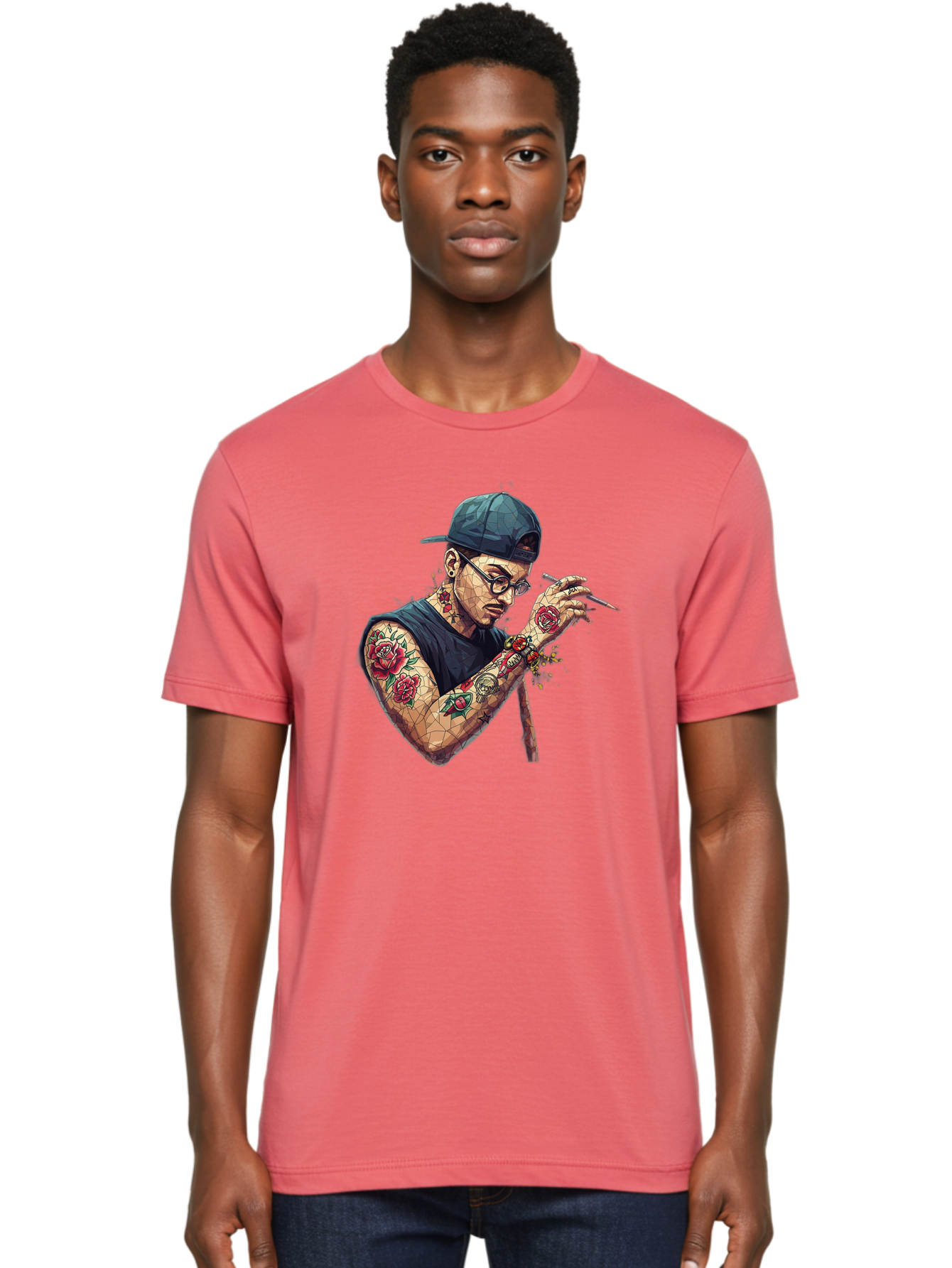 Tattooed-Man-2 Men'S Graphic Tee, 100% Cotton, Comfortable Casual Summer Wear, Machine Washable, Tattooed Man, Smoking Cigarette, Rose Tattoos, Geometric Art, Edgy Style, Urban Culture, Streetwear Inspiration, Cool Guy Bad830