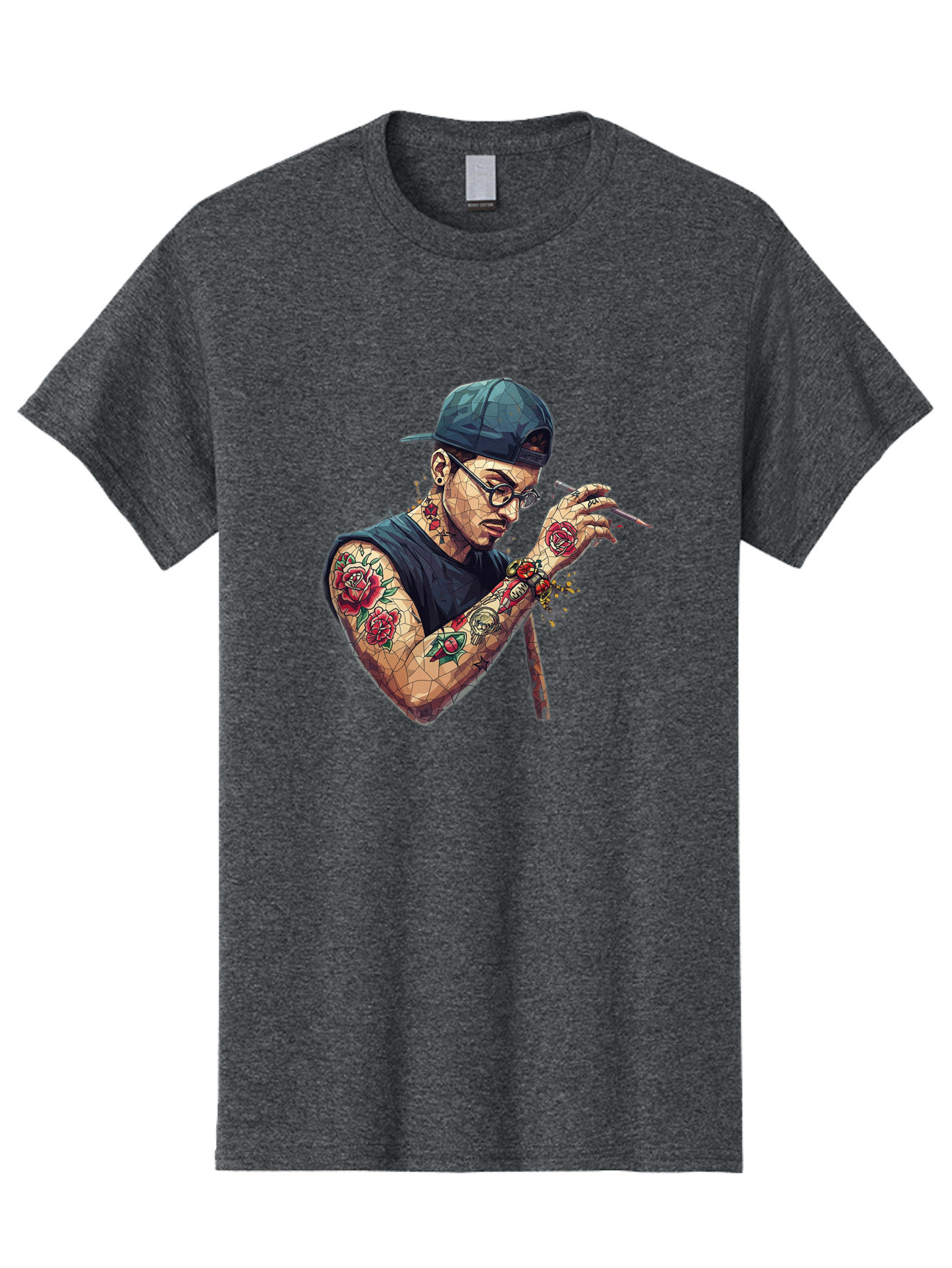 Tattooed-Man-2 Men'S Graphic Tee, 100% Cotton, Comfortable Casual Summer Wear, Machine Washable, Tattooed Man, Smoking Cigarette, Rose Tattoos, Geometric Art, Edgy Style, Urban Culture, Streetwear Inspiration, Cool Guy Bad830