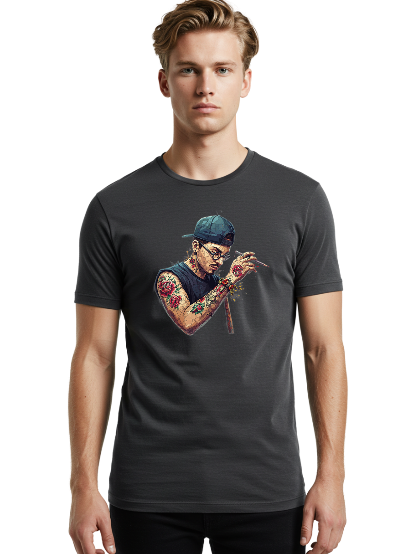 Tattooed-Man-2 Men'S Graphic Tee, 100% Cotton, Comfortable Casual Summer Wear, Machine Washable, Tattooed Man, Smoking Cigarette, Rose Tattoos, Geometric Art, Edgy Style, Urban Culture, Streetwear Inspiration, Cool Guy Bad830