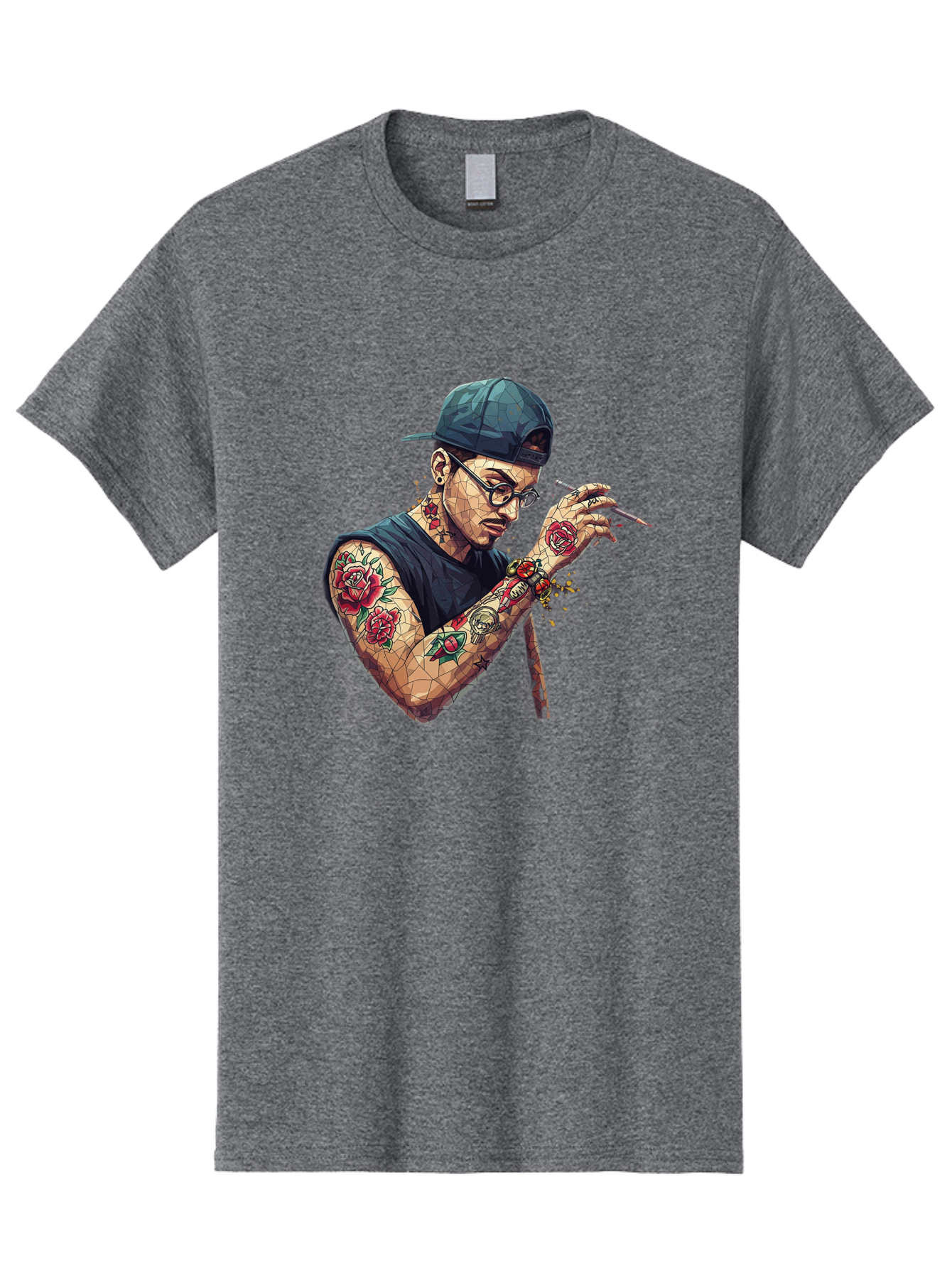 Tattooed-Man-2 Men'S Graphic Tee, 100% Cotton, Comfortable Casual Summer Wear, Machine Washable, Tattooed Man, Smoking Cigarette, Rose Tattoos, Geometric Art, Edgy Style, Urban Culture, Streetwear Inspiration, Cool Guy Bad830