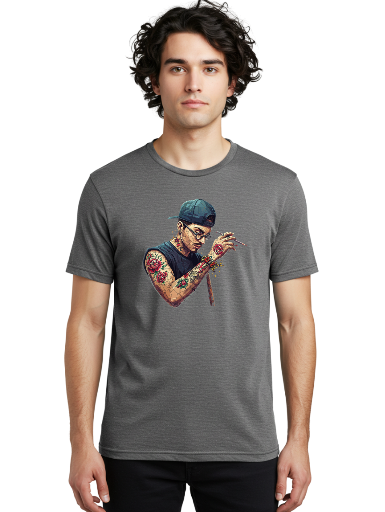 Tattooed-Man-2 Men'S Graphic Tee, 100% Cotton, Comfortable Casual Summer Wear, Machine Washable, Tattooed Man, Smoking Cigarette, Rose Tattoos, Geometric Art, Edgy Style, Urban Culture, Streetwear Inspiration, Cool Guy Bad830