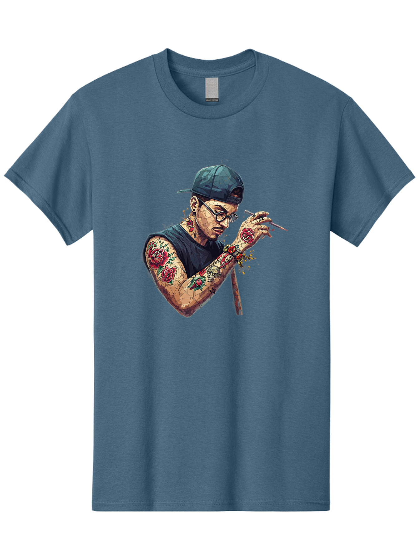 Tattooed-Man-2 Men'S Graphic Tee, 100% Cotton, Comfortable Casual Summer Wear, Machine Washable, Tattooed Man, Smoking Cigarette, Rose Tattoos, Geometric Art, Edgy Style, Urban Culture, Streetwear Inspiration, Cool Guy Bad830