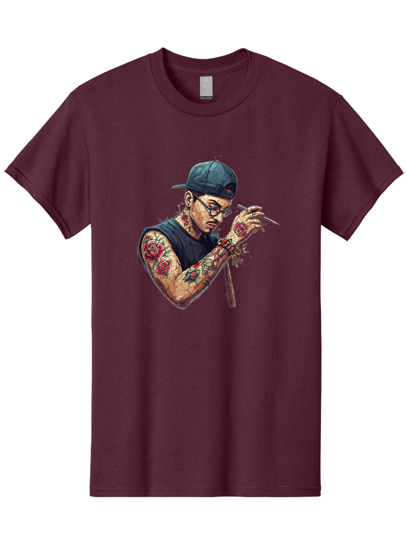 Tattooed-Man-2 Men'S Graphic Tee, 100% Cotton, Comfortable Casual Summer Wear, Machine Washable, Tattooed Man, Smoking Cigarette, Rose Tattoos, Geometric Art, Edgy Style, Urban Culture, Streetwear Inspiration, Cool Guy Bad830