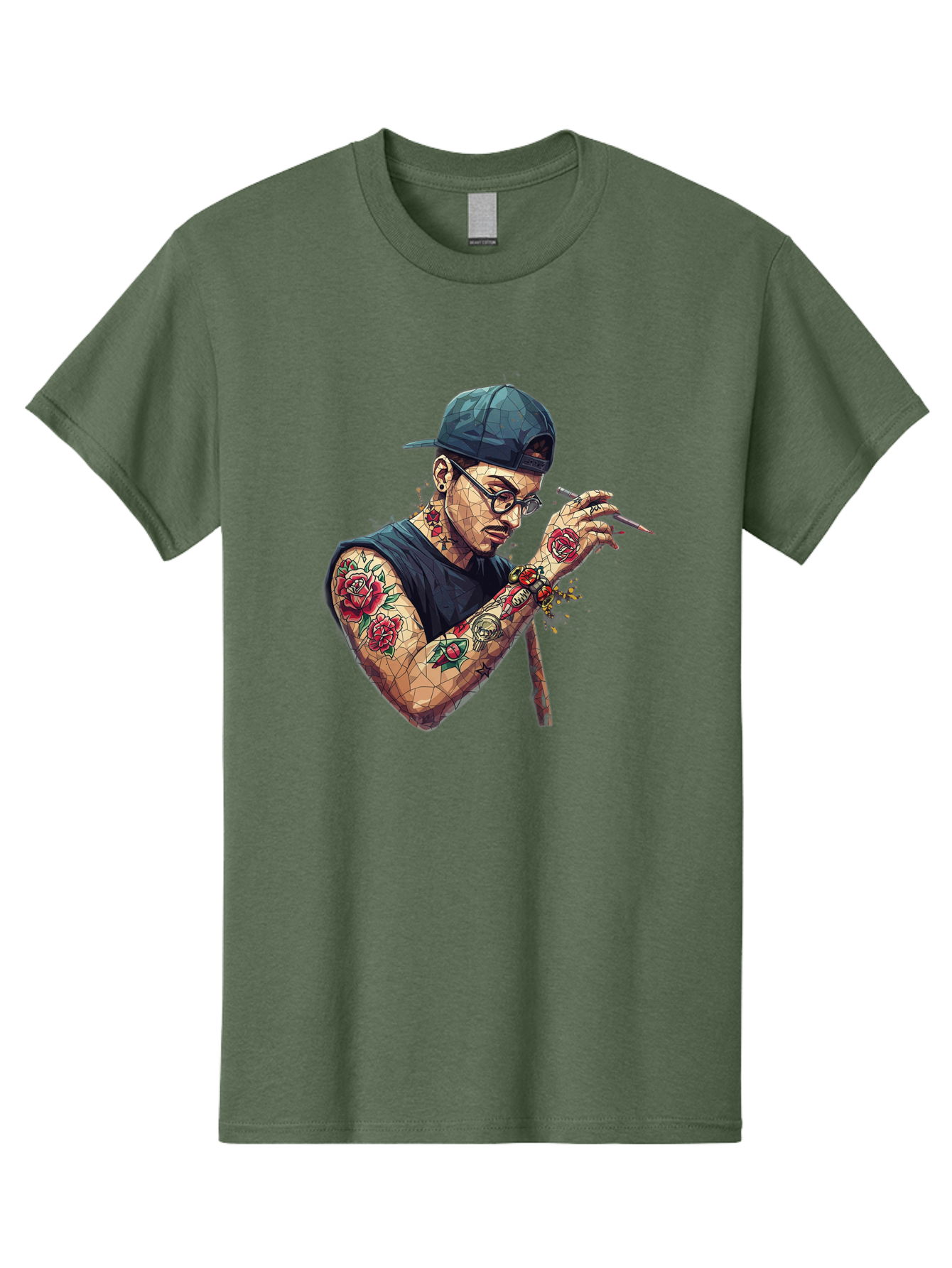Tattooed-Man-2 Men'S Graphic Tee, 100% Cotton, Comfortable Casual Summer Wear, Machine Washable, Tattooed Man, Smoking Cigarette, Rose Tattoos, Geometric Art, Edgy Style, Urban Culture, Streetwear Inspiration, Cool Guy Bad830