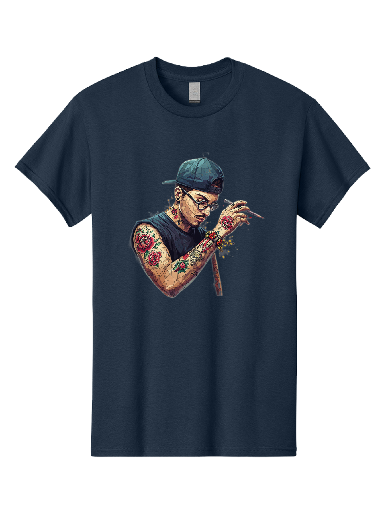 Tattooed-Man-2 Men'S Graphic Tee, 100% Cotton, Comfortable Casual Summer Wear, Machine Washable, Tattooed Man, Smoking Cigarette, Rose Tattoos, Geometric Art, Edgy Style, Urban Culture, Streetwear Inspiration, Cool Guy Bad830