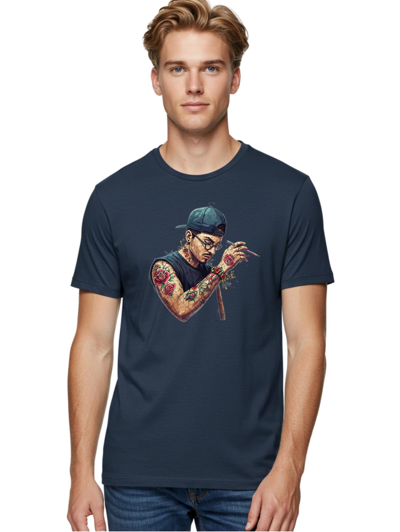 Tattooed-Man-2 Men'S Graphic Tee, 100% Cotton, Comfortable Casual Summer Wear, Machine Washable, Tattooed Man, Smoking Cigarette, Rose Tattoos, Geometric Art, Edgy Style, Urban Culture, Streetwear Inspiration, Cool Guy Bad830