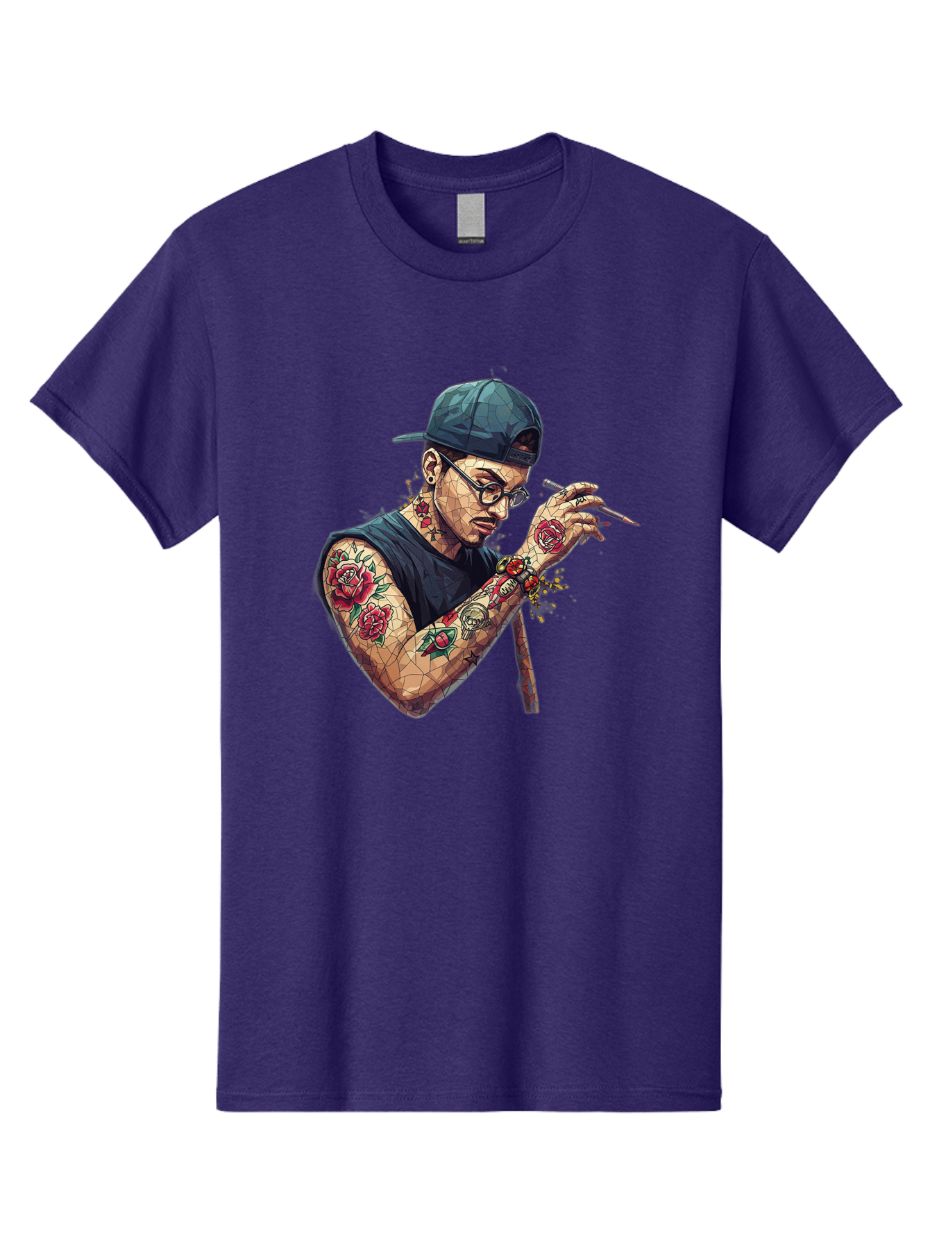 Tattooed-Man-2 Men'S Graphic Tee, 100% Cotton, Comfortable Casual Summer Wear, Machine Washable, Tattooed Man, Smoking Cigarette, Rose Tattoos, Geometric Art, Edgy Style, Urban Culture, Streetwear Inspiration, Cool Guy Bad830