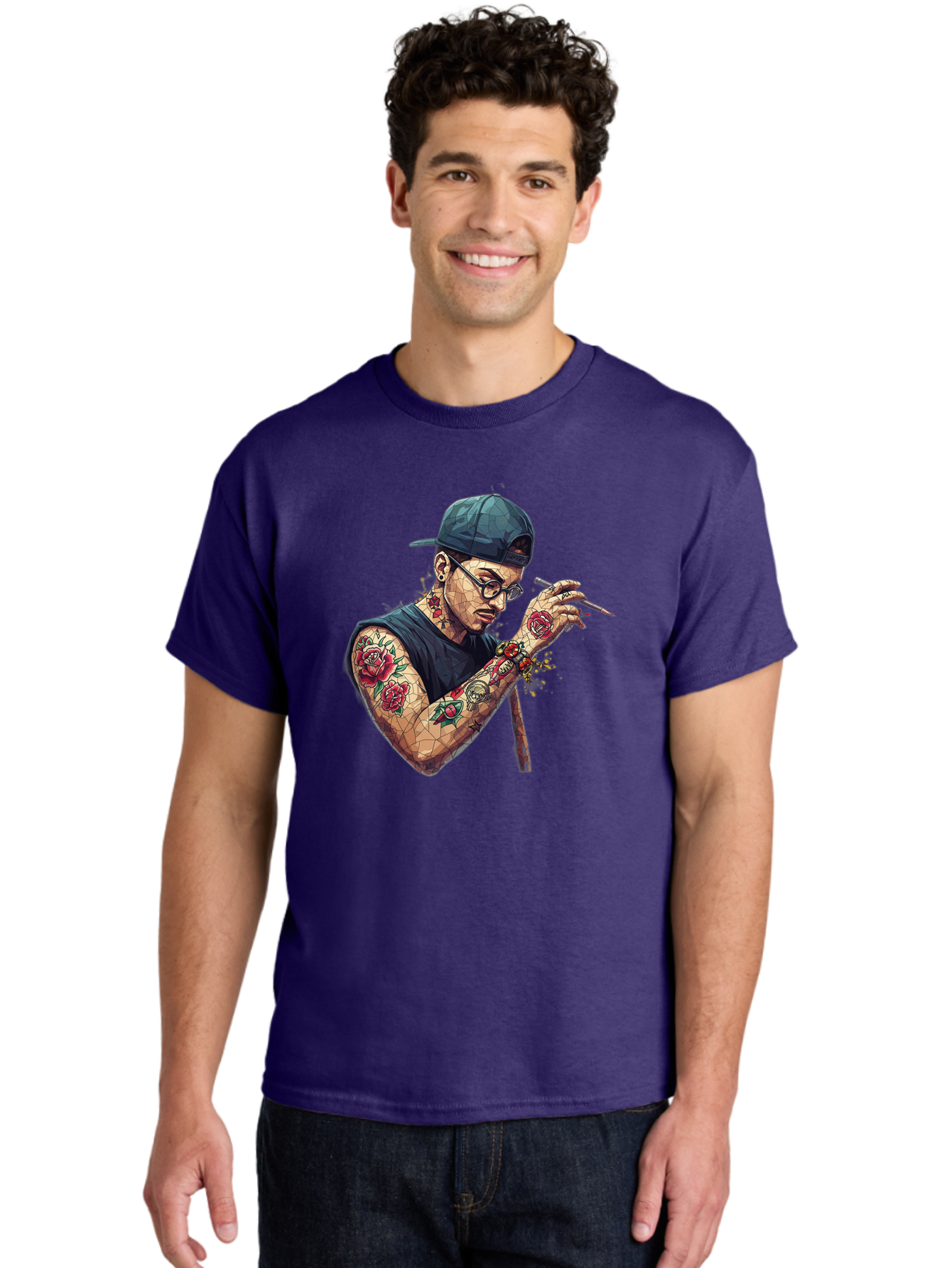 Tattooed-Man-2 Men'S Graphic Tee, 100% Cotton, Comfortable Casual Summer Wear, Machine Washable, Tattooed Man, Smoking Cigarette, Rose Tattoos, Geometric Art, Edgy Style, Urban Culture, Streetwear Inspiration, Cool Guy Bad830