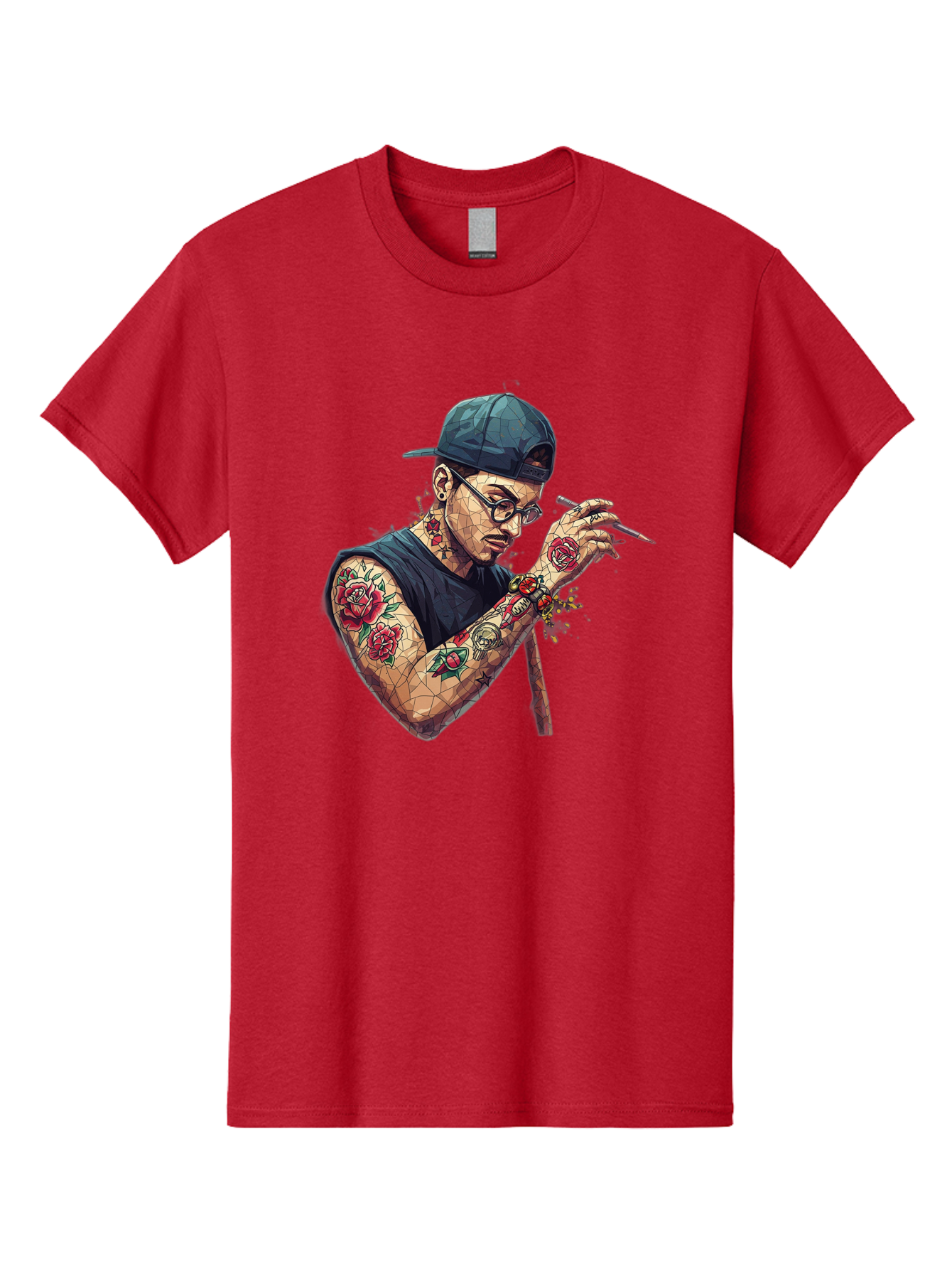 Tattooed-Man-2 Men'S Graphic Tee, 100% Cotton, Comfortable Casual Summer Wear, Machine Washable, Tattooed Man, Smoking Cigarette, Rose Tattoos, Geometric Art, Edgy Style, Urban Culture, Streetwear Inspiration, Cool Guy Bad830