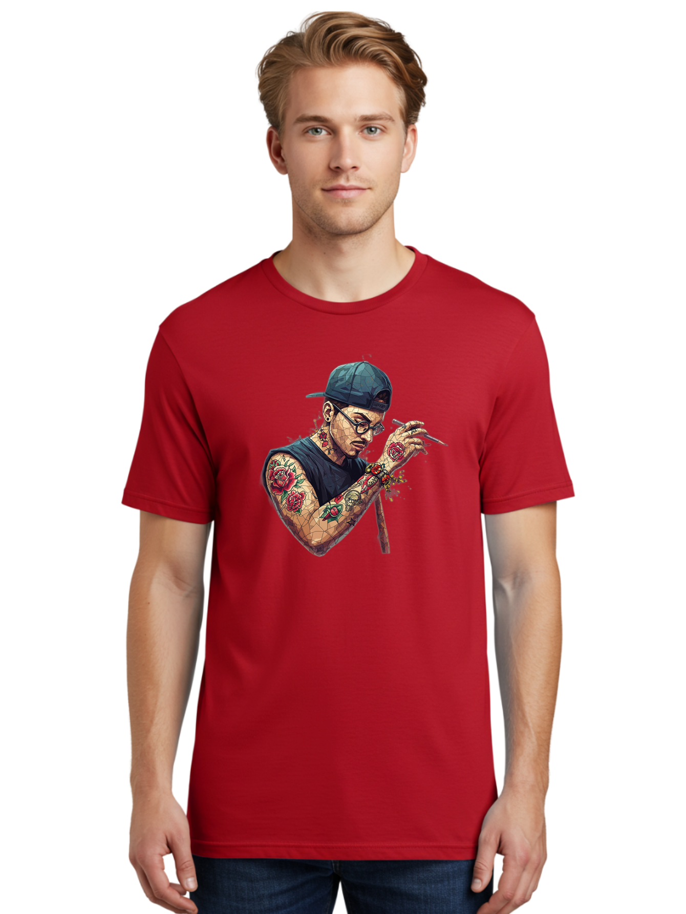 Tattooed-Man-2 Men'S Graphic Tee, 100% Cotton, Comfortable Casual Summer Wear, Machine Washable, Tattooed Man, Smoking Cigarette, Rose Tattoos, Geometric Art, Edgy Style, Urban Culture, Streetwear Inspiration, Cool Guy Bad830