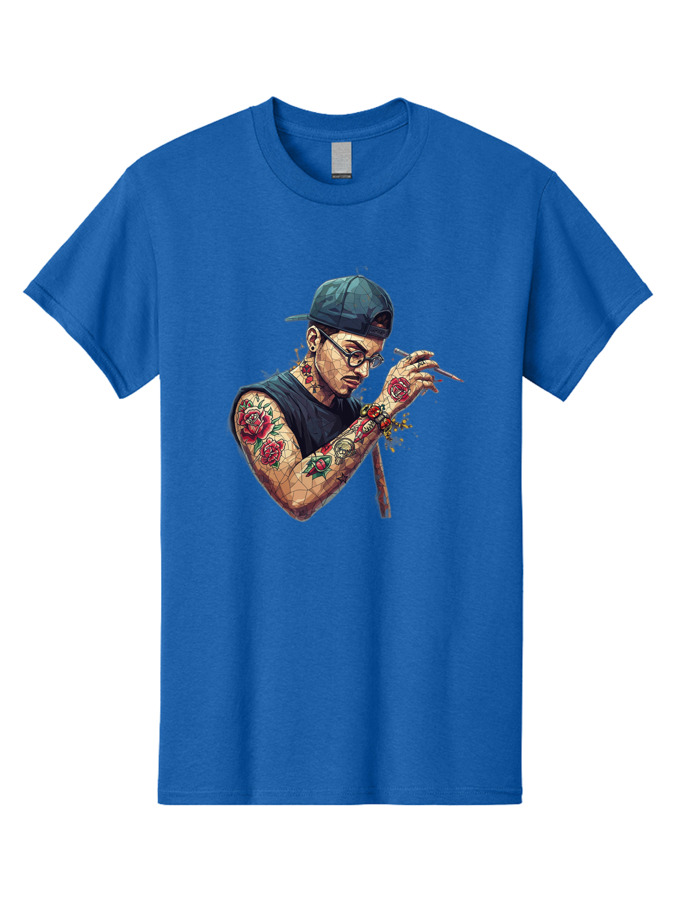 Tattooed-Man-2 Men'S Graphic Tee, 100% Cotton, Comfortable Casual Summer Wear, Machine Washable, Tattooed Man, Smoking Cigarette, Rose Tattoos, Geometric Art, Edgy Style, Urban Culture, Streetwear Inspiration, Cool Guy Bad830