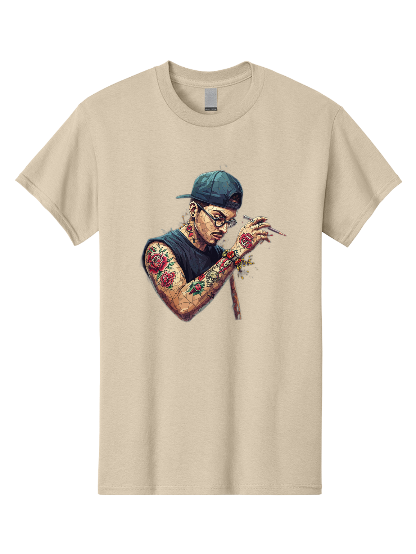 Tattooed-Man-2 Men'S Graphic Tee, 100% Cotton, Comfortable Casual Summer Wear, Machine Washable, Tattooed Man, Smoking Cigarette, Rose Tattoos, Geometric Art, Edgy Style, Urban Culture, Streetwear Inspiration, Cool Guy Bad830