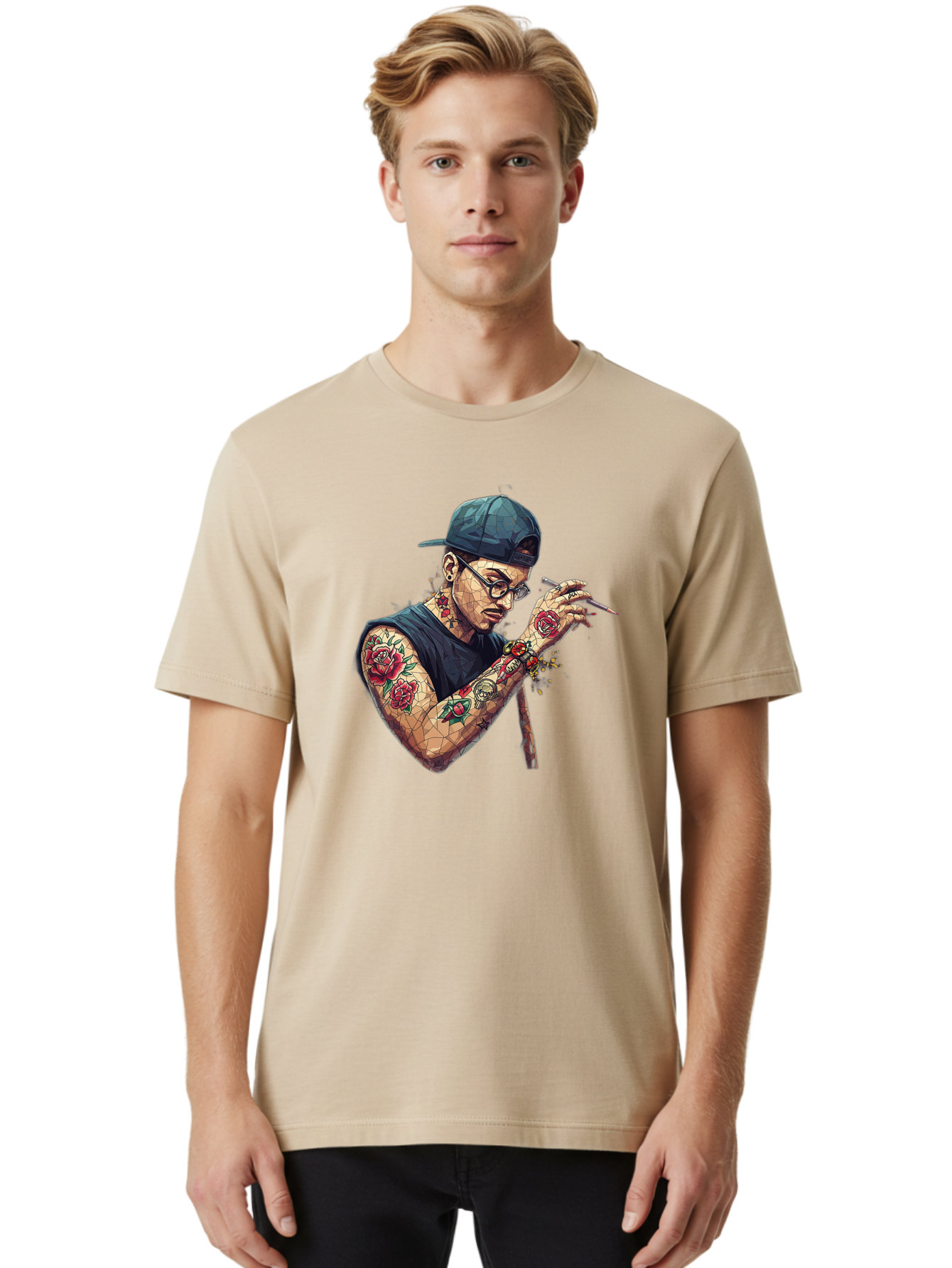 Tattooed-Man-2 Men'S Graphic Tee, 100% Cotton, Comfortable Casual Summer Wear, Machine Washable, Tattooed Man, Smoking Cigarette, Rose Tattoos, Geometric Art, Edgy Style, Urban Culture, Streetwear Inspiration, Cool Guy Bad830