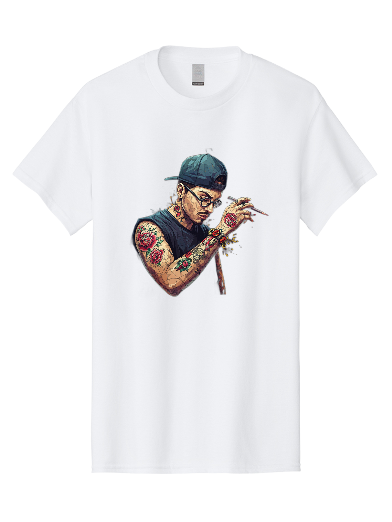 Tattooed-Man-2 Men'S Graphic Tee, 100% Cotton, Comfortable Casual Summer Wear, Machine Washable, Tattooed Man, Smoking Cigarette, Rose Tattoos, Geometric Art, Edgy Style, Urban Culture, Streetwear Inspiration, Cool Guy Bad830