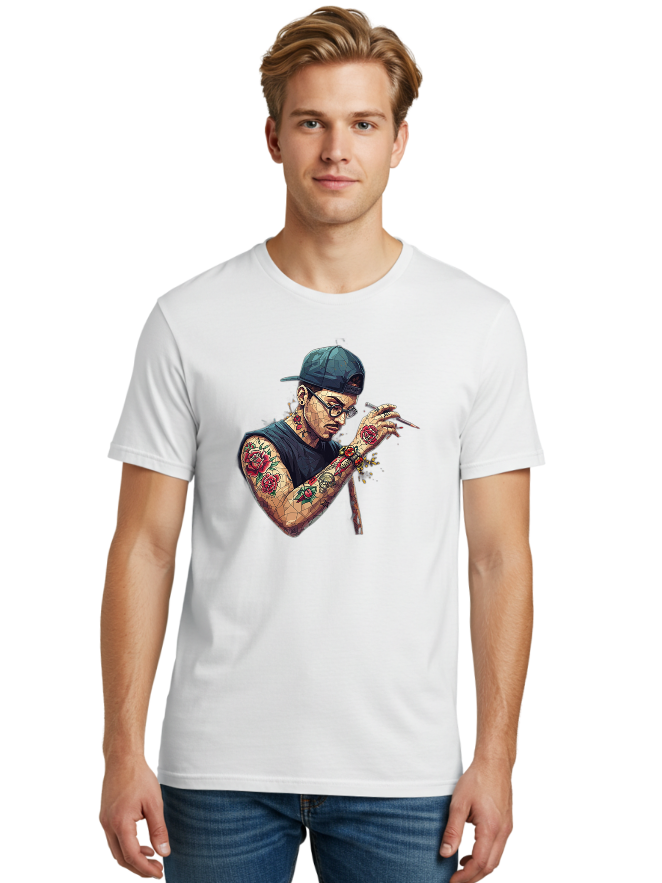 Tattooed-Man-2 Men'S Graphic Tee, 100% Cotton, Comfortable Casual Summer Wear, Machine Washable, Tattooed Man, Smoking Cigarette, Rose Tattoos, Geometric Art, Edgy Style, Urban Culture, Streetwear Inspiration, Cool Guy Bad830