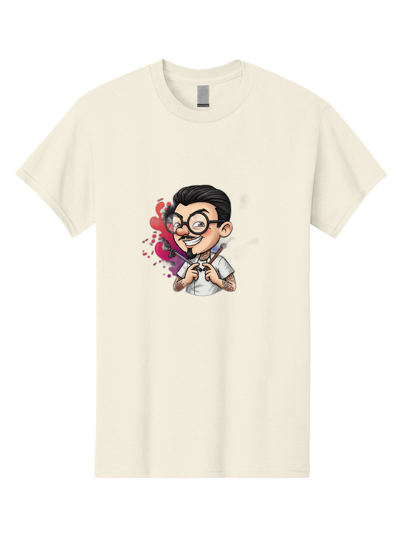 Tattooed-Man Men'S Graphic Tee, 100% Cotton, Comfortable Casual Summer Wear, Machine Washable, Tattoo Artist, Cartoon Character, Man With Glasses, Tattoo Machine, Ink Splatter, Creative Profession, Body Art, Tattoo Culture, Artistic Expression Bad831