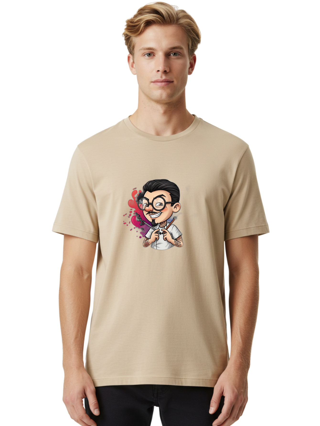 Tattooed-Man Men'S Graphic Tee, 100% Cotton, Comfortable Casual Summer Wear, Machine Washable, Tattoo Artist, Cartoon Character, Man With Glasses, Tattoo Machine, Ink Splatter, Creative Profession, Body Art, Tattoo Culture, Artistic Expression Bad831