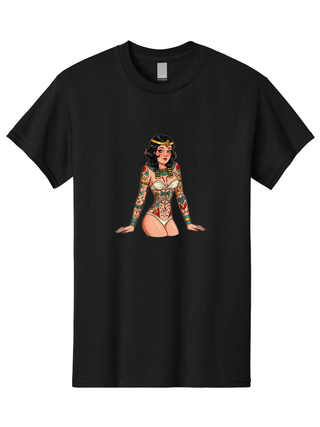 Tattooed-Pinup-Girl Men'S Graphic Tee, 100% Cotton, Comfortable Casual Summer Wear, Machine Washable, Pin-Up Girl Illustration, Tattoo Art, Body Art, Vintage Style, Erotic Art, Colorful Tattoos, White Swimsuit, Kneeling Pose, Ancient Jewelry, Bad832