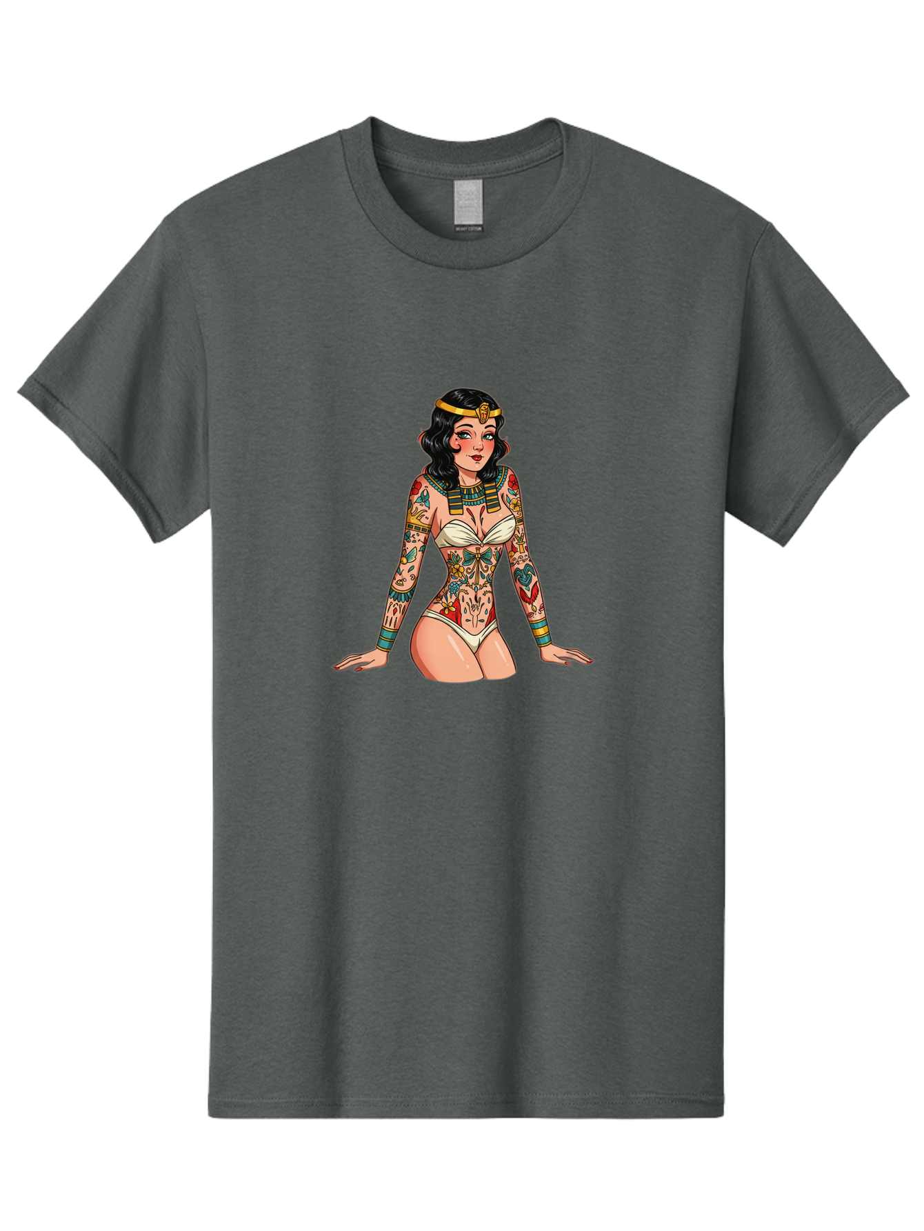 Tattooed-Pinup-Girl Men'S Graphic Tee, 100% Cotton, Comfortable Casual Summer Wear, Machine Washable, Pin-Up Girl Illustration, Tattoo Art, Body Art, Vintage Style, Erotic Art, Colorful Tattoos, White Swimsuit, Kneeling Pose, Ancient Jewelry, Bad832