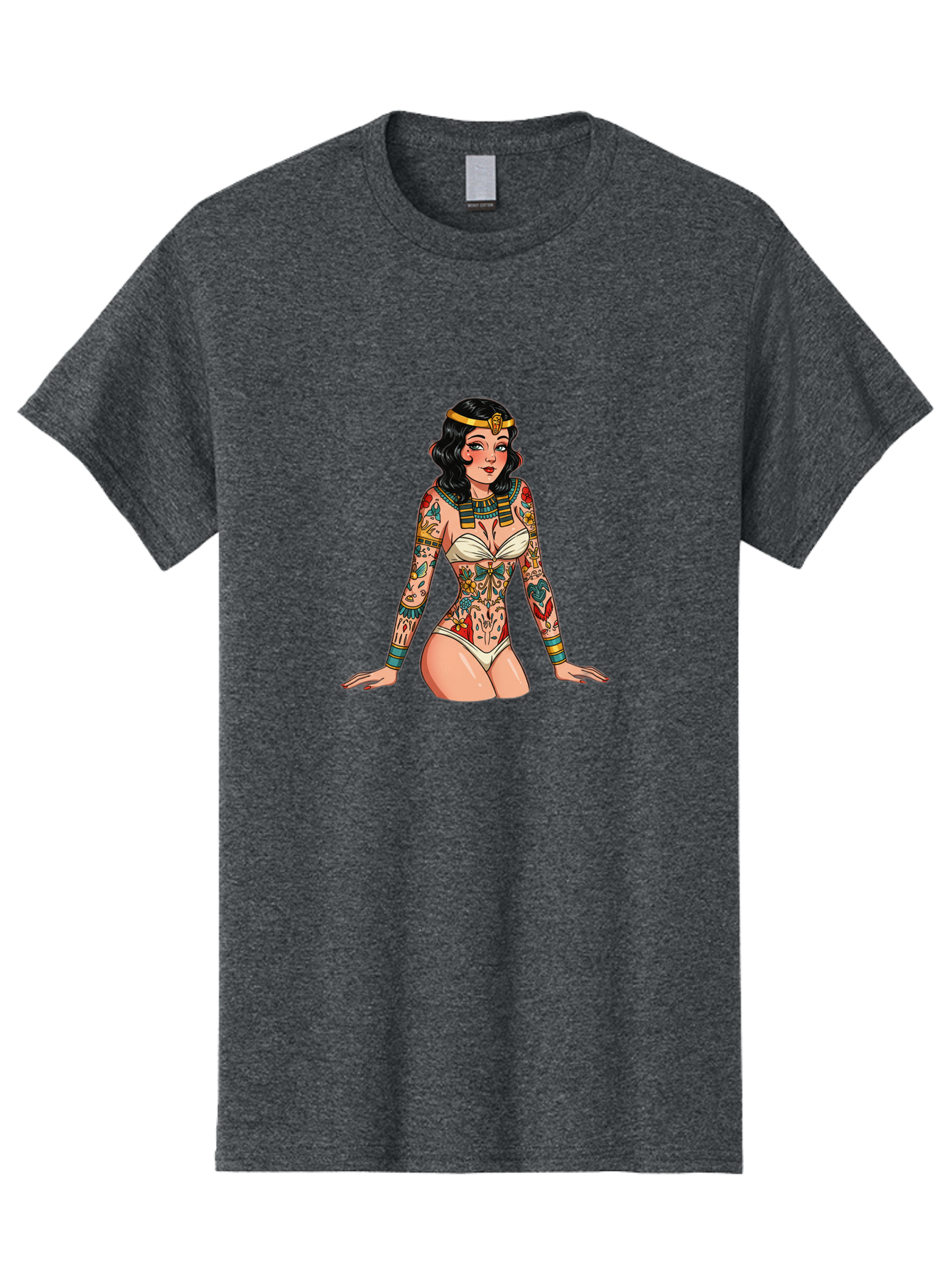 Tattooed-Pinup-Girl Men'S Graphic Tee, 100% Cotton, Comfortable Casual Summer Wear, Machine Washable, Pin-Up Girl Illustration, Tattoo Art, Body Art, Vintage Style, Erotic Art, Colorful Tattoos, White Swimsuit, Kneeling Pose, Ancient Jewelry, Bad832