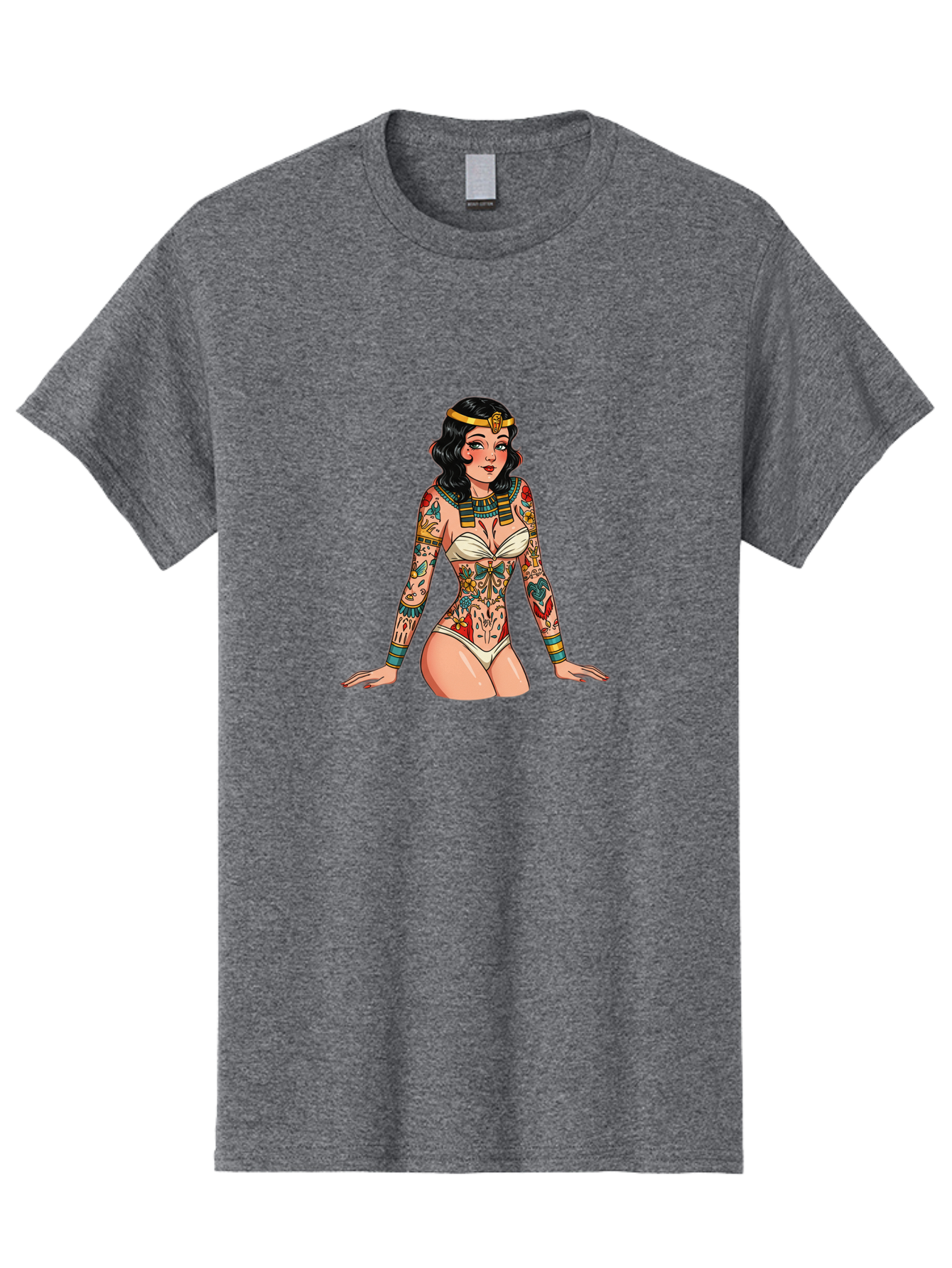 Tattooed-Pinup-Girl Men'S Graphic Tee, 100% Cotton, Comfortable Casual Summer Wear, Machine Washable, Pin-Up Girl Illustration, Tattoo Art, Body Art, Vintage Style, Erotic Art, Colorful Tattoos, White Swimsuit, Kneeling Pose, Ancient Jewelry, Bad832