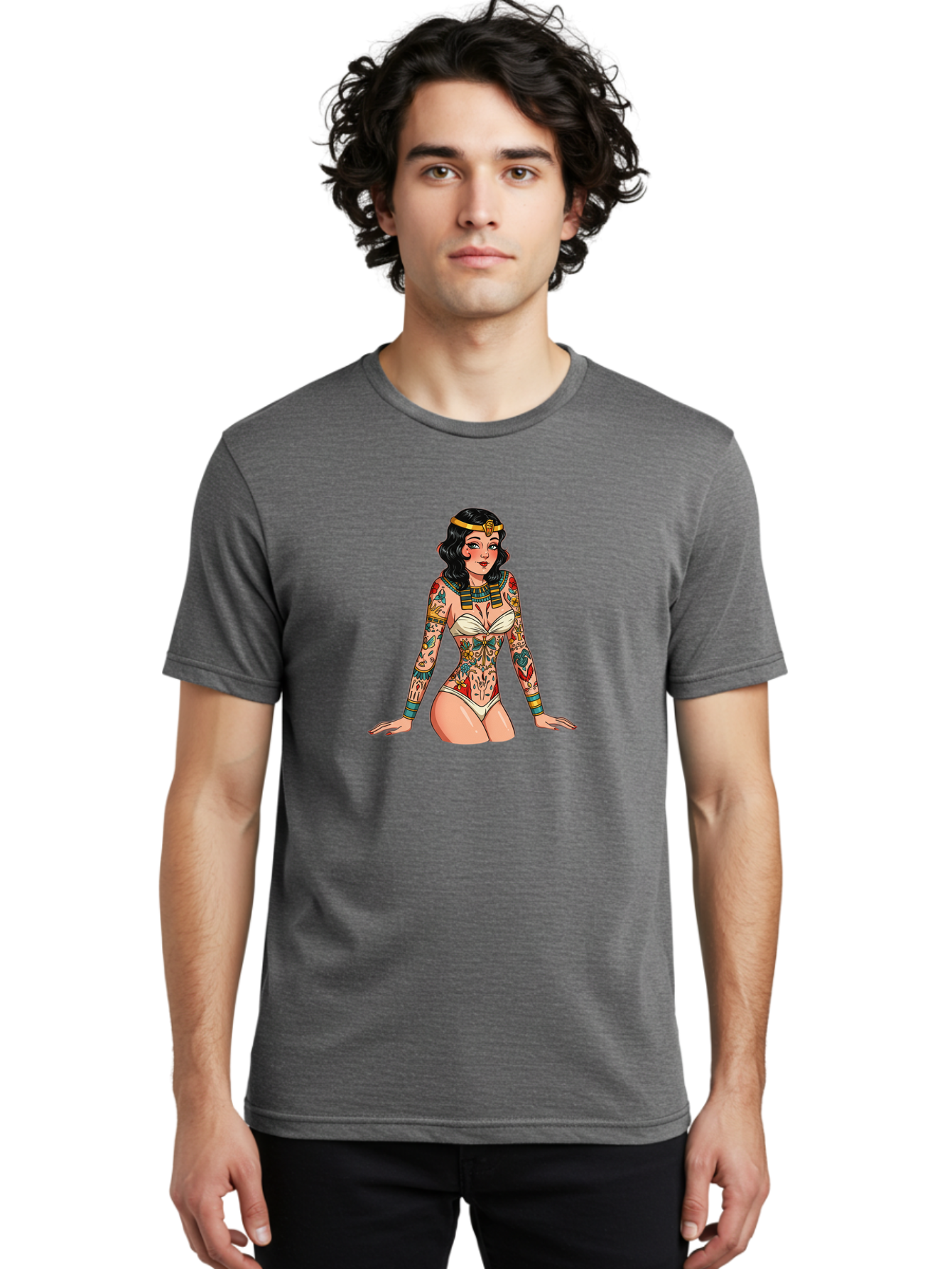 Tattooed-Pinup-Girl Men'S Graphic Tee, 100% Cotton, Comfortable Casual Summer Wear, Machine Washable, Pin-Up Girl Illustration, Tattoo Art, Body Art, Vintage Style, Erotic Art, Colorful Tattoos, White Swimsuit, Kneeling Pose, Ancient Jewelry, Bad832