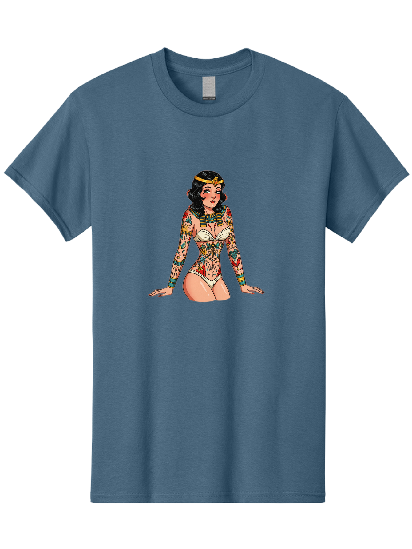 Tattooed-Pinup-Girl Men'S Graphic Tee, 100% Cotton, Comfortable Casual Summer Wear, Machine Washable, Pin-Up Girl Illustration, Tattoo Art, Body Art, Vintage Style, Erotic Art, Colorful Tattoos, White Swimsuit, Kneeling Pose, Ancient Jewelry, Bad832