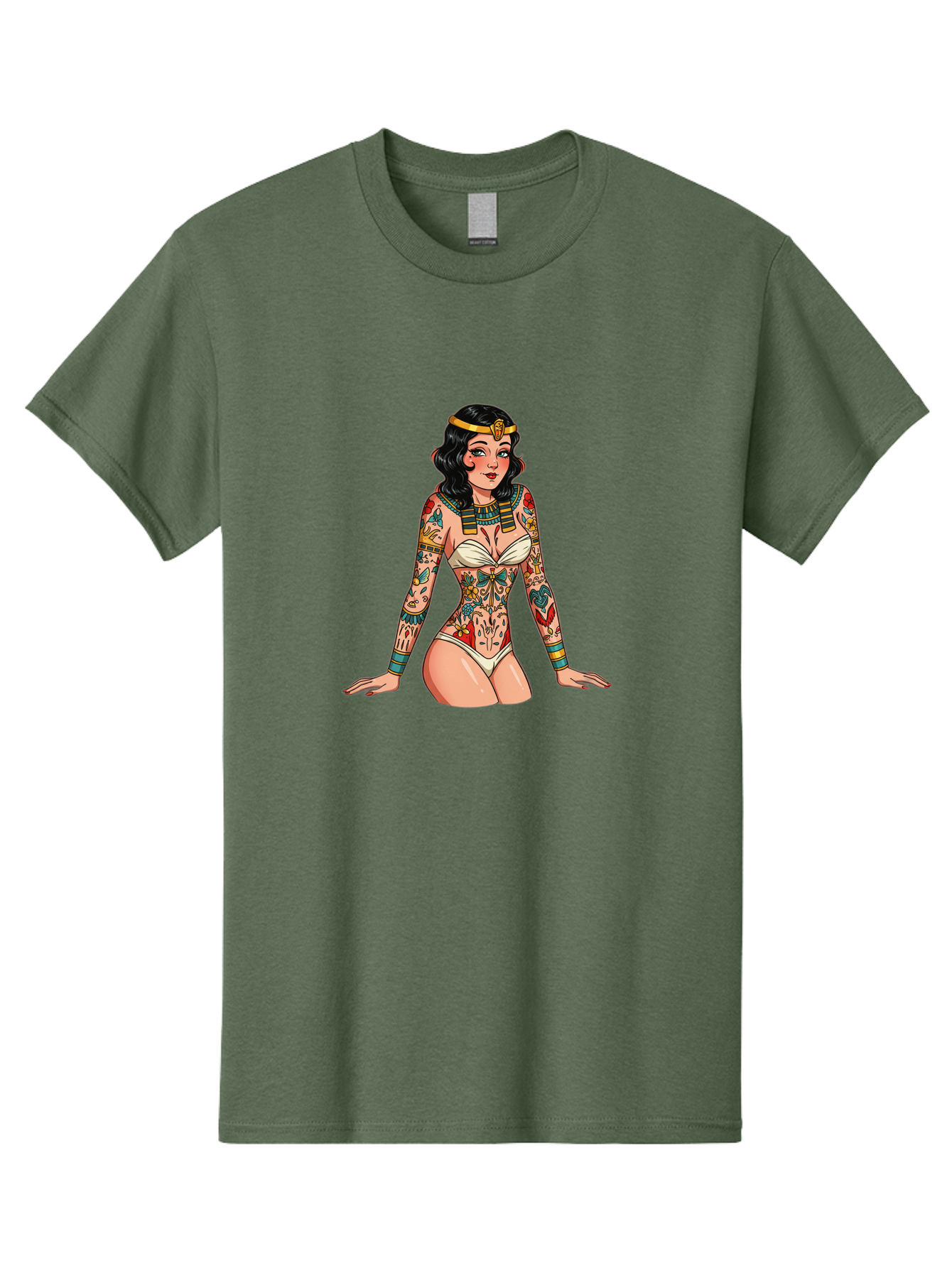 Tattooed-Pinup-Girl Men'S Graphic Tee, 100% Cotton, Comfortable Casual Summer Wear, Machine Washable, Pin-Up Girl Illustration, Tattoo Art, Body Art, Vintage Style, Erotic Art, Colorful Tattoos, White Swimsuit, Kneeling Pose, Ancient Jewelry, Bad832