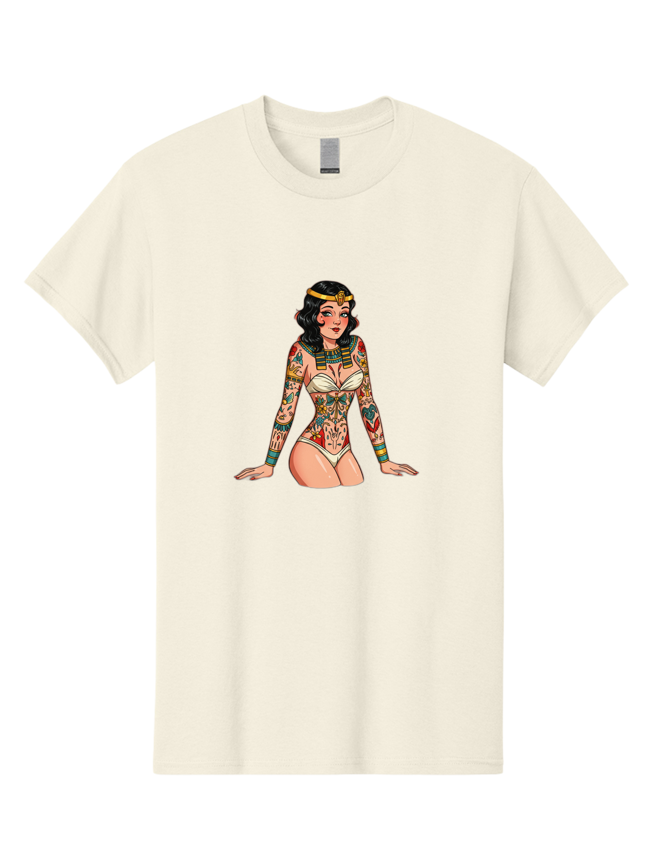Tattooed-Pinup-Girl Men'S Graphic Tee, 100% Cotton, Comfortable Casual Summer Wear, Machine Washable, Pin-Up Girl Illustration, Tattoo Art, Body Art, Vintage Style, Erotic Art, Colorful Tattoos, White Swimsuit, Kneeling Pose, Ancient Jewelry, Bad832